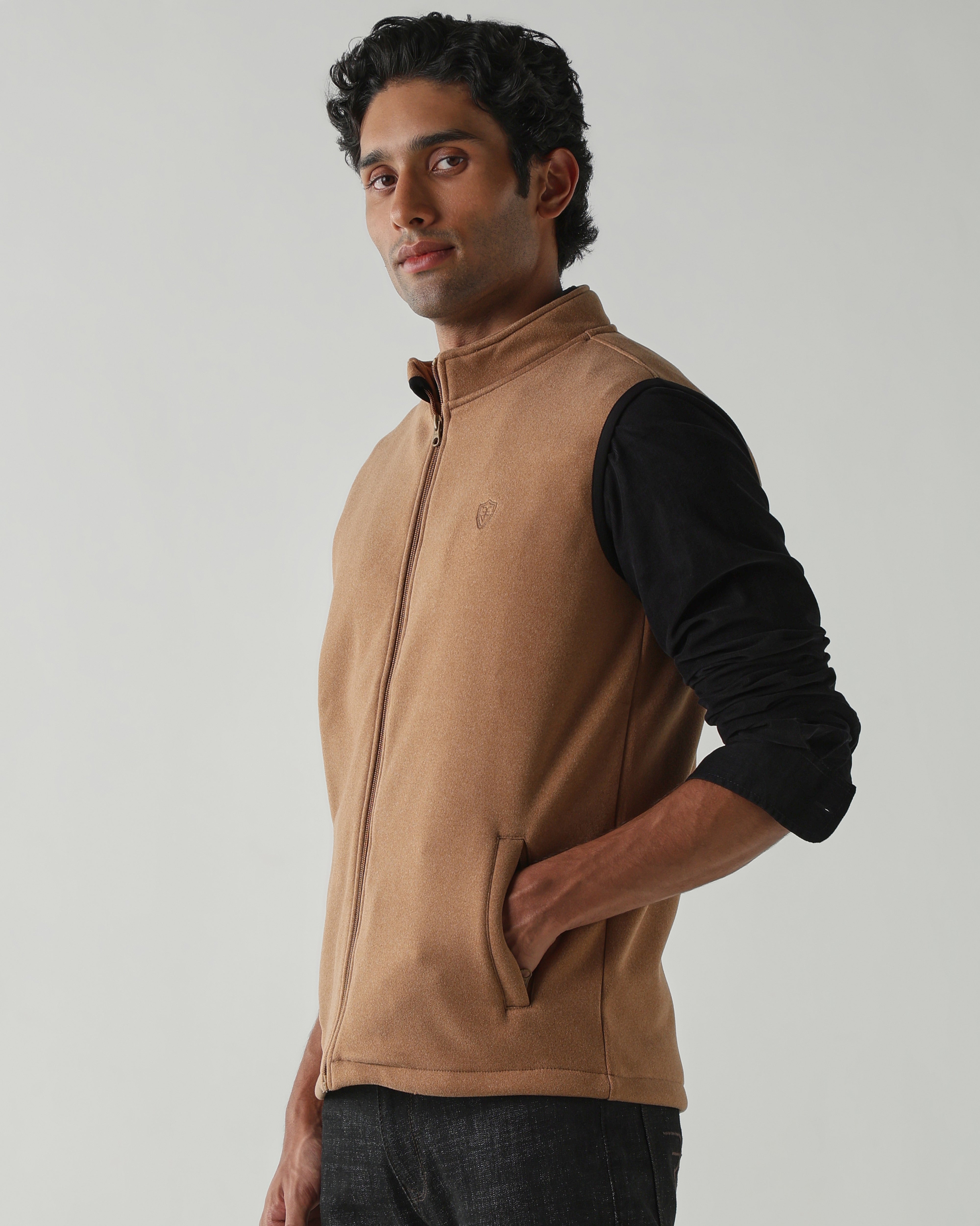 Round Neck Sleeveless  Jackets – Dark Camel