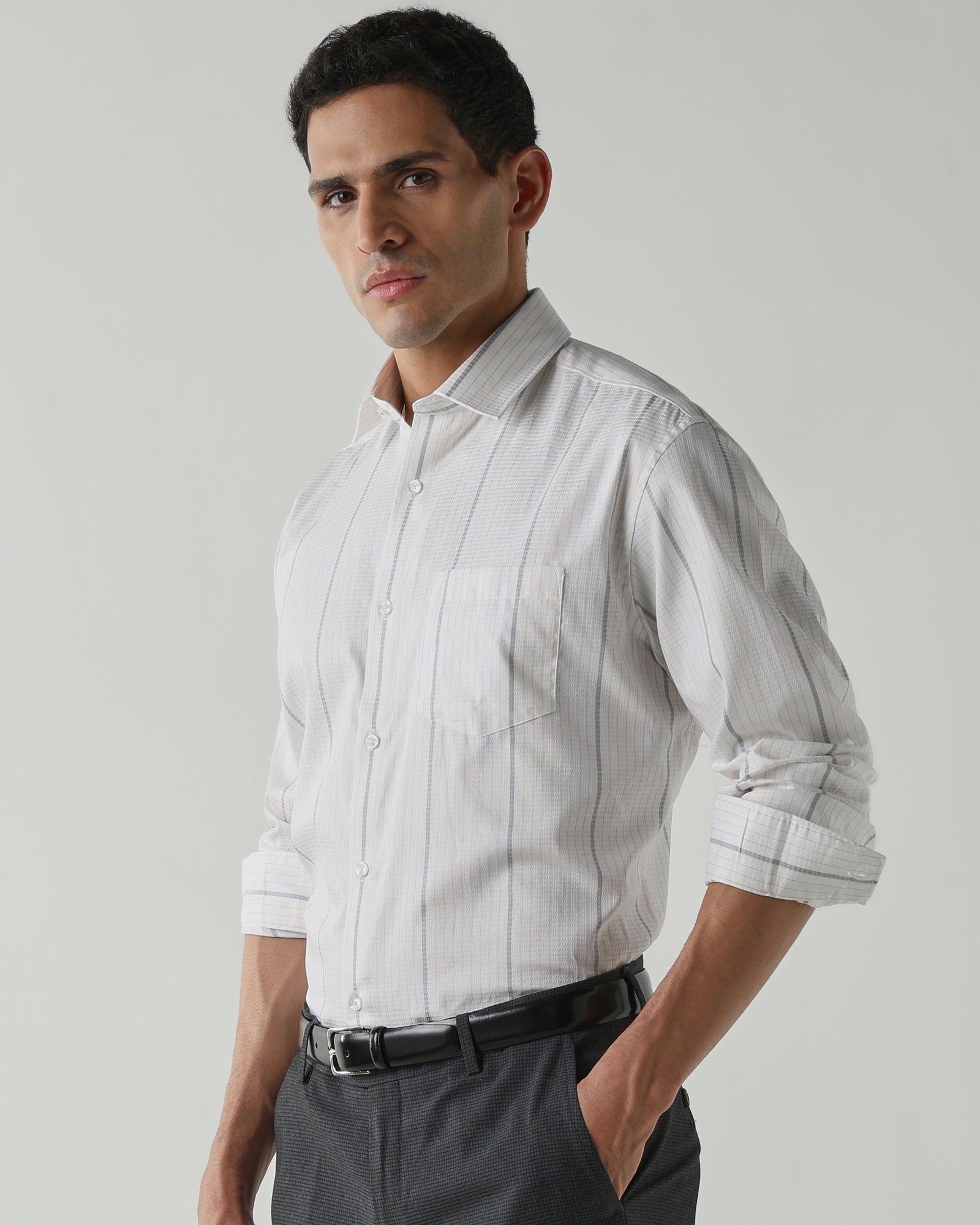 Grey/White Pure Cotton Shirts for Men | Regular Fit Luxury Wear