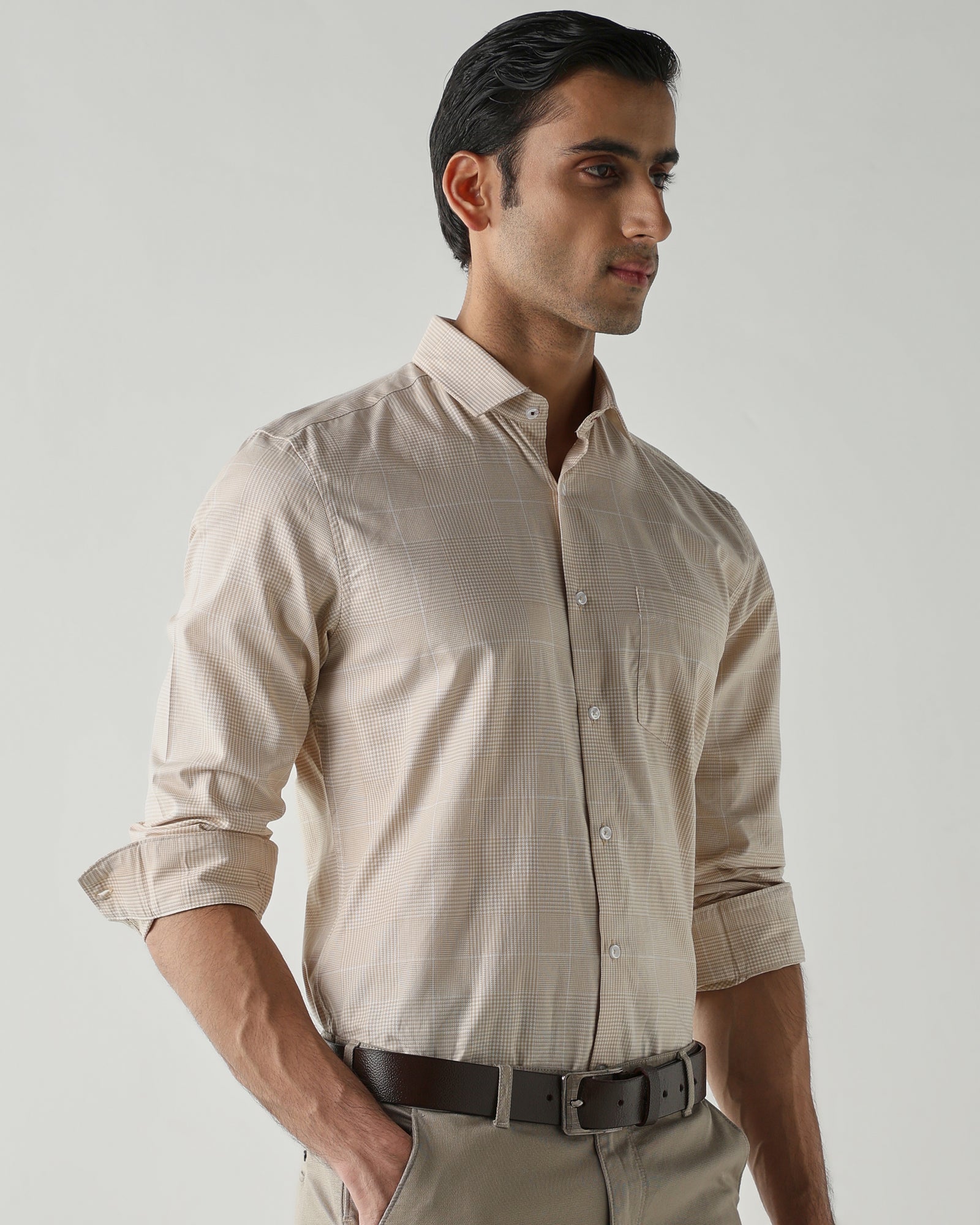 Beige/White Pure Cotton Shirts for Men | Slim Fit Luxury Wear