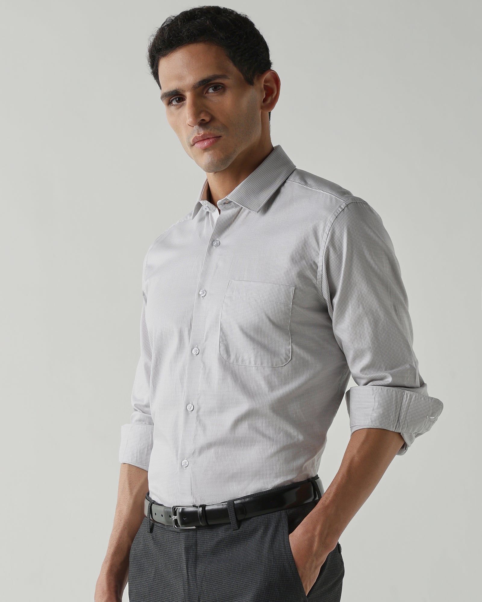 Lt Grey/White Pure Cotton Shirts for Men | Slim Fit Luxury Wear