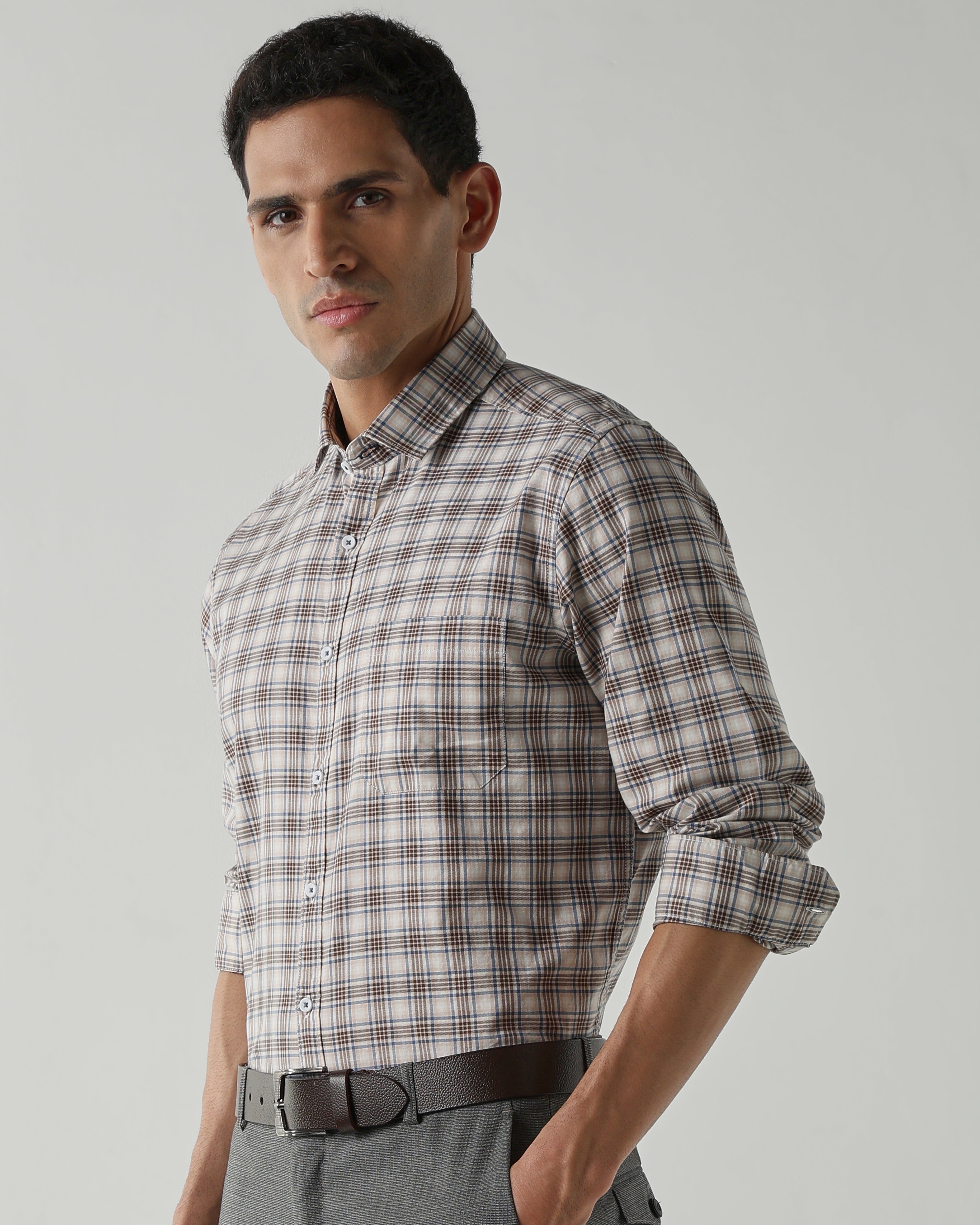 Brown/Blue Pure Cotton Shirts for Men | Slim Fit Luxury Wear