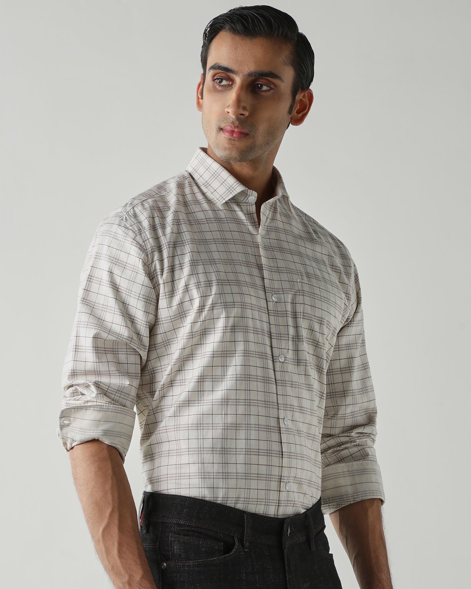 Off white/Brown Pure Cotton Shirts for Men | Regular Fit Luxury Wear