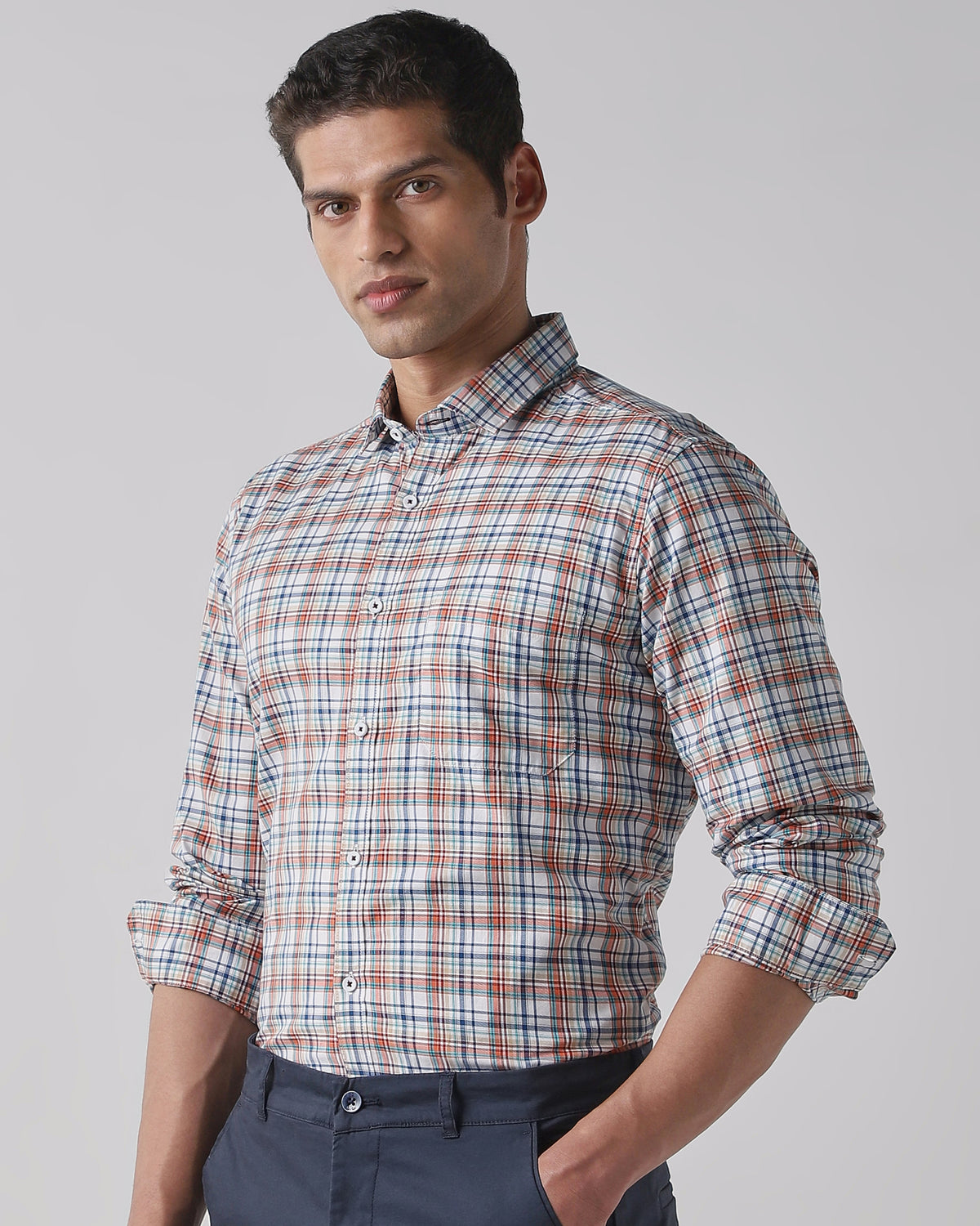 Men's Pure Cotton Checks Slim Fit Full Sleeve Casual Shirt - White