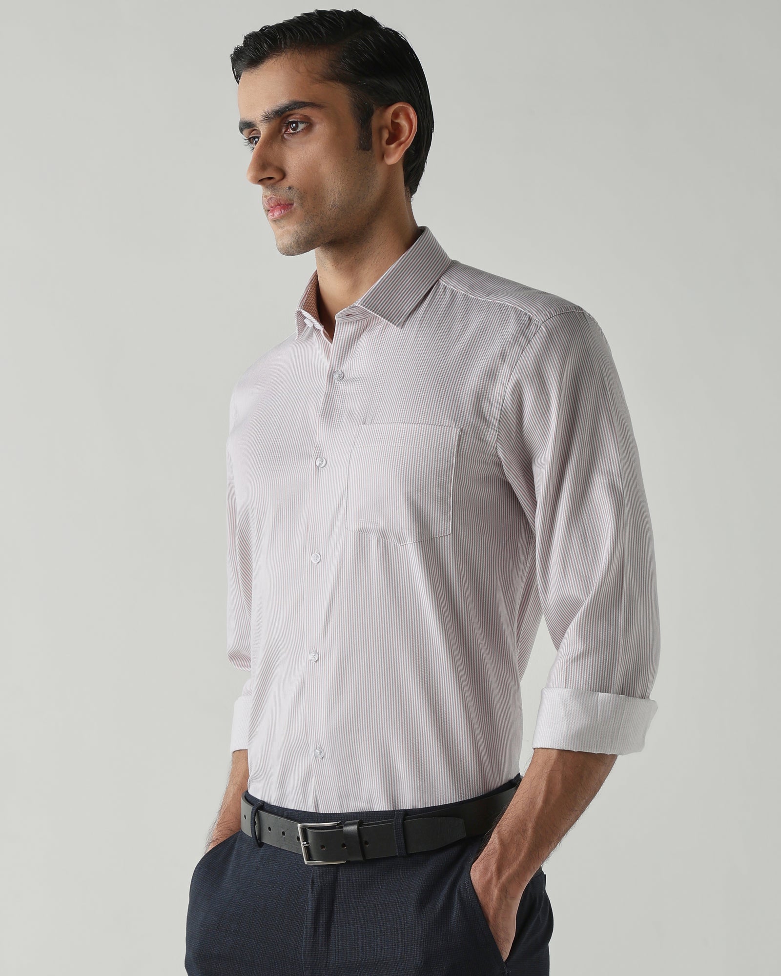 Grey/Pink Stripe Shirt crafted in 100% cotton Fabric|
