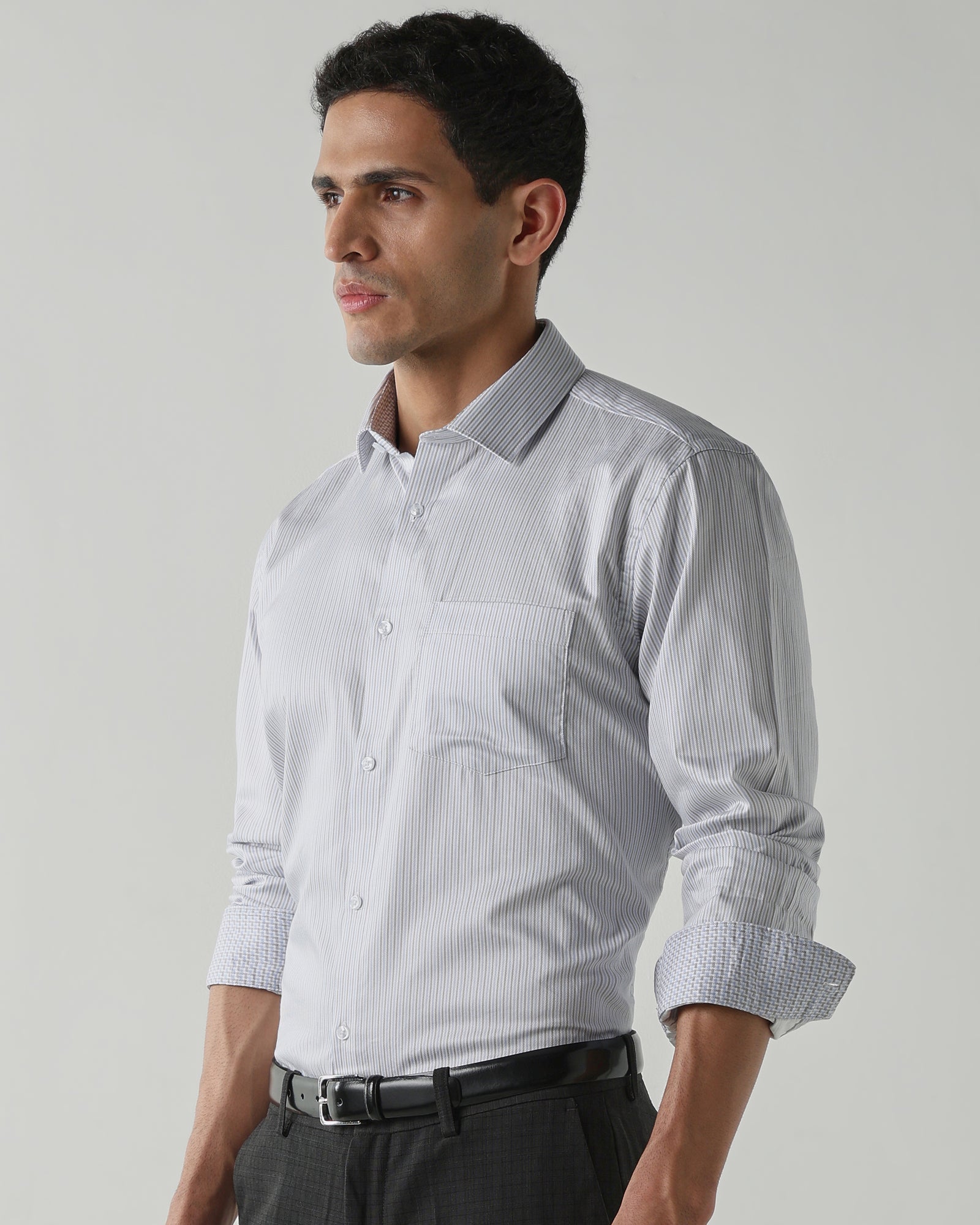 Grey/Sky Blue 100% Cotton Stripe Shirts For Men | Regular Fit Fashion Formal Wear