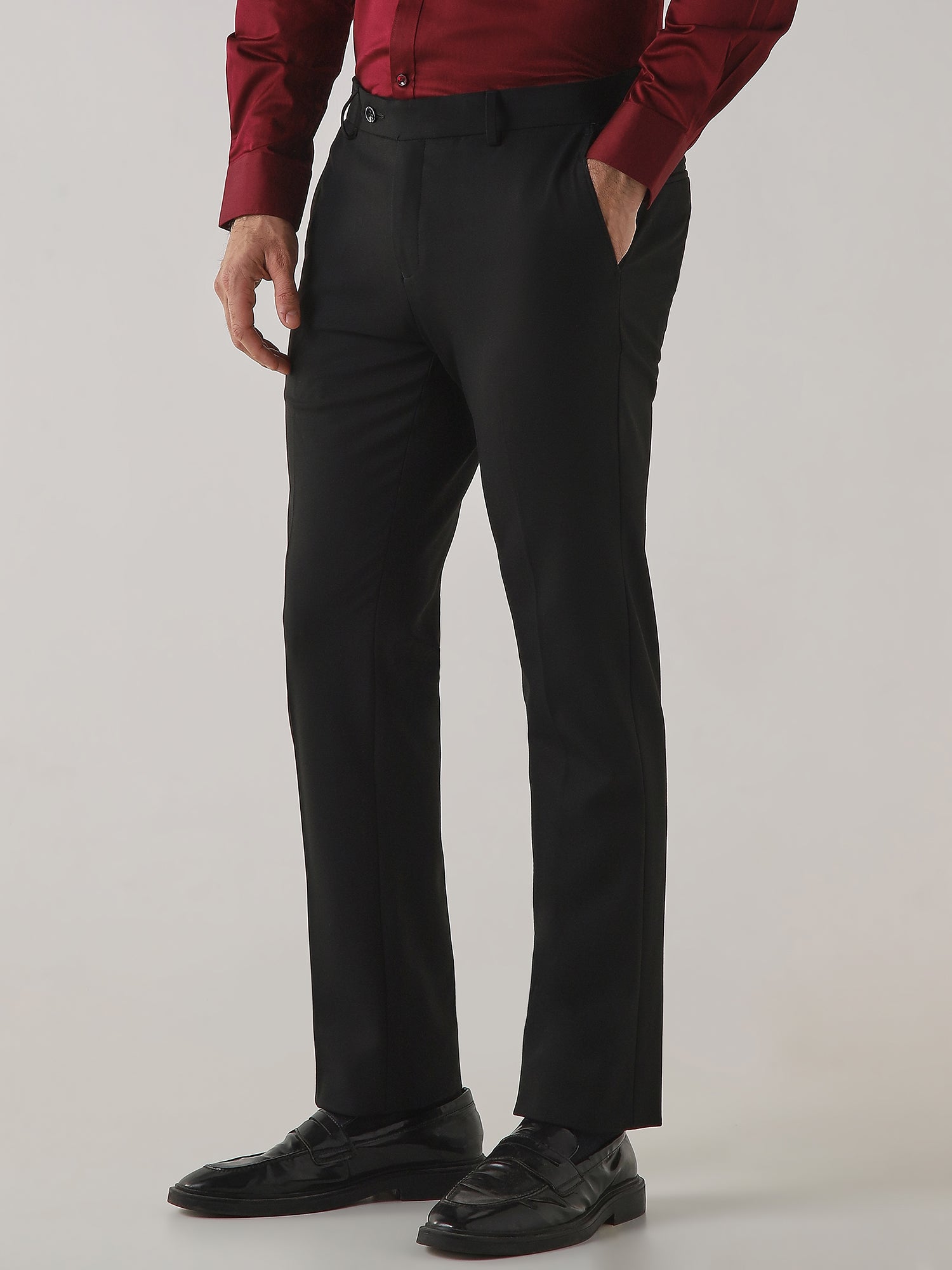 Black Cotton Blend Flat Front Slim Fit Formal Trouser