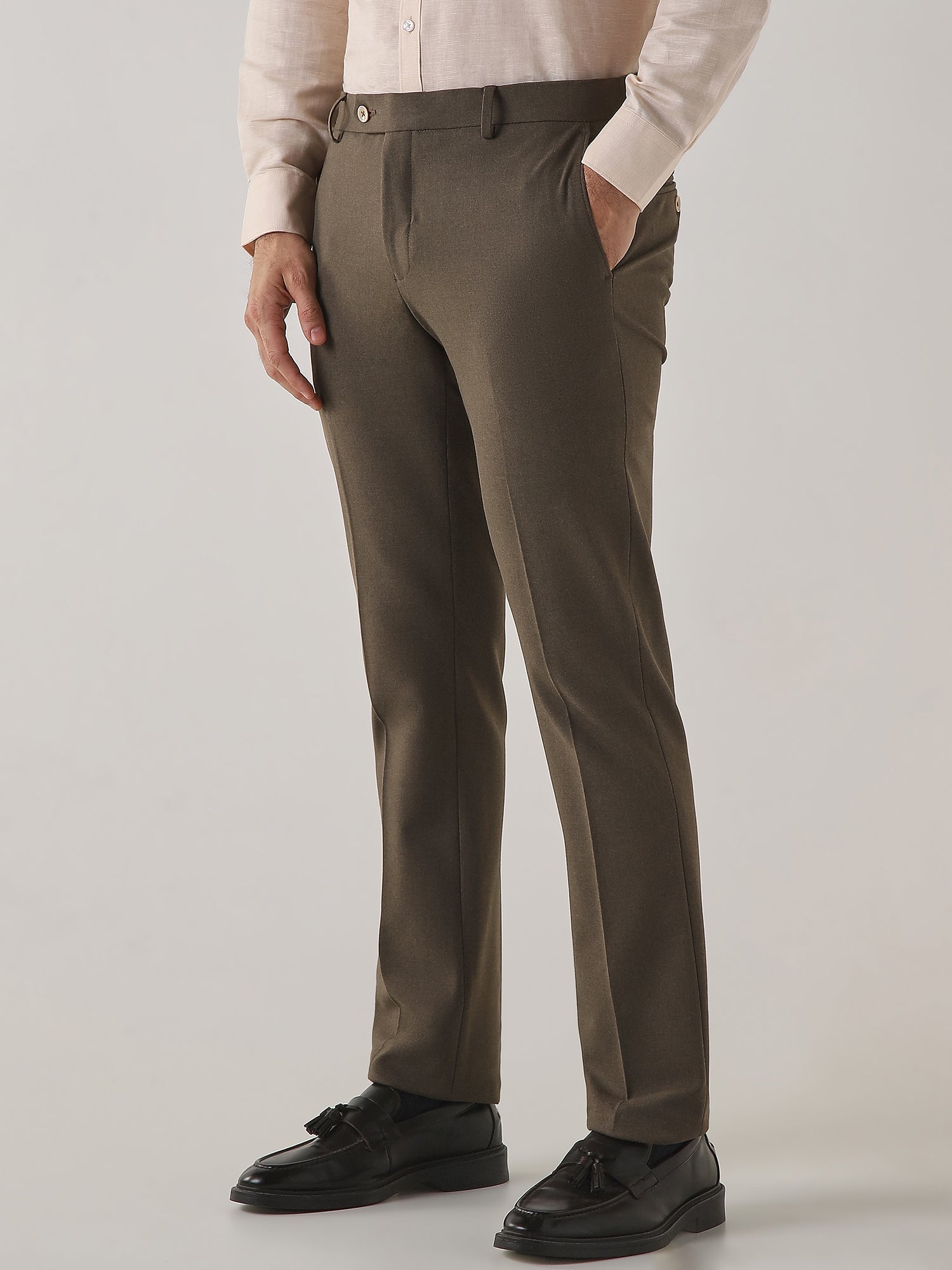 Khaki Cotton Blend Flat Front Slim Fit Formal Trouser