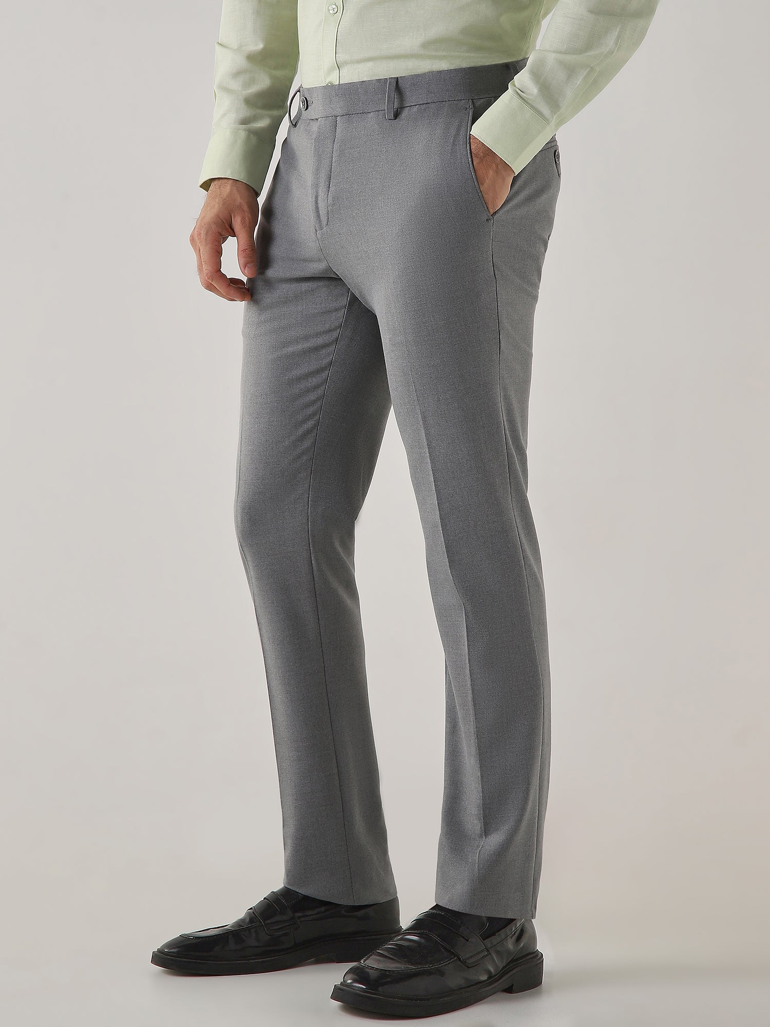Mid Grey Cotton Blend Flat Front Slim Fit Formal Trouser