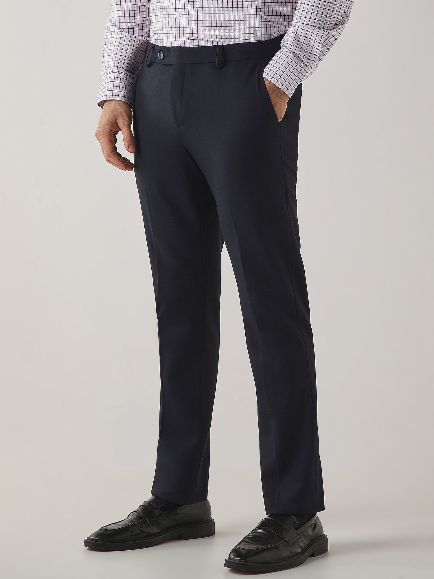 Navy Cotton Blend Flat Front Slim Fit Formal Trouser