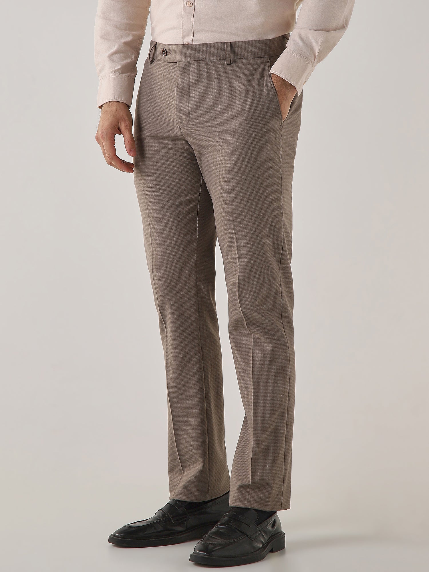 Brown Cotton Blend Flat Front Slim Fit Formal Trouser