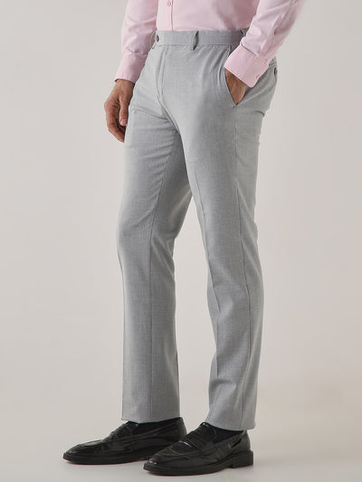 Grey Cotton Blend Flat Front Slim Fit Formal Trouser