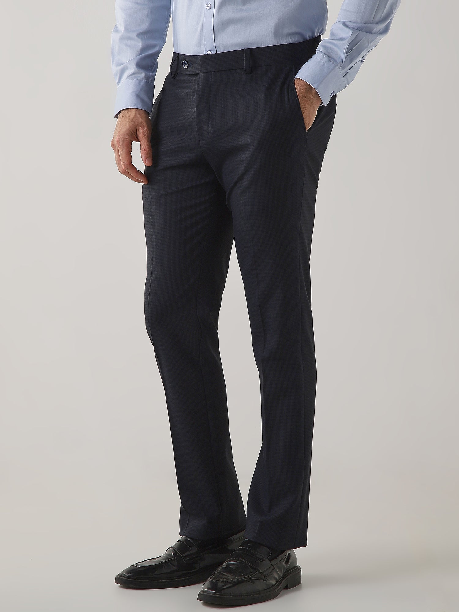 Navy Cotton Blend Flat Front Slim Fit Formal Trouser