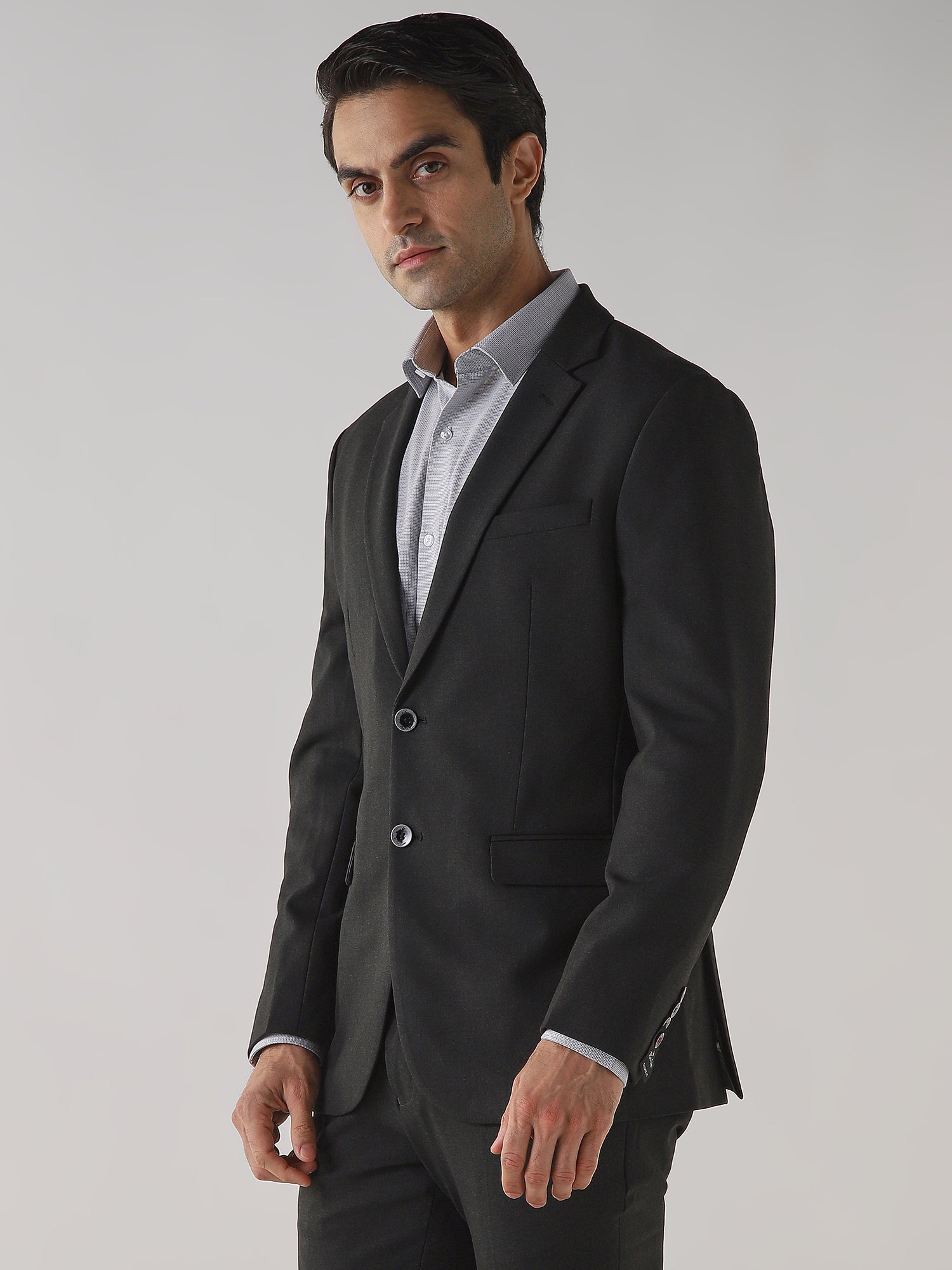 Dark Grey Textured Cotton Blend Tailored Fit Formal Blazer