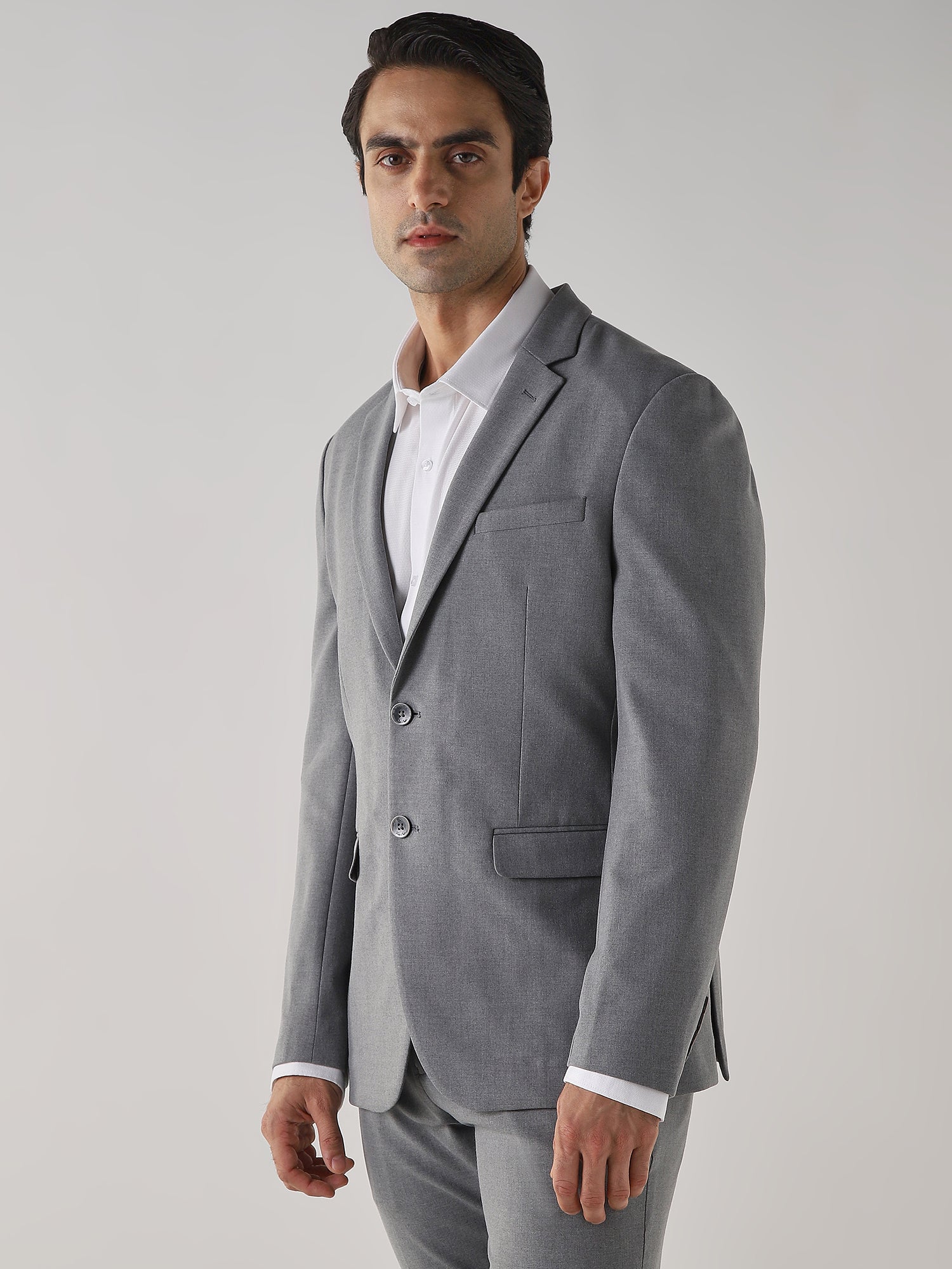 Mid Grey Textured Cotton Blend Tailored Fit Formal Blazer