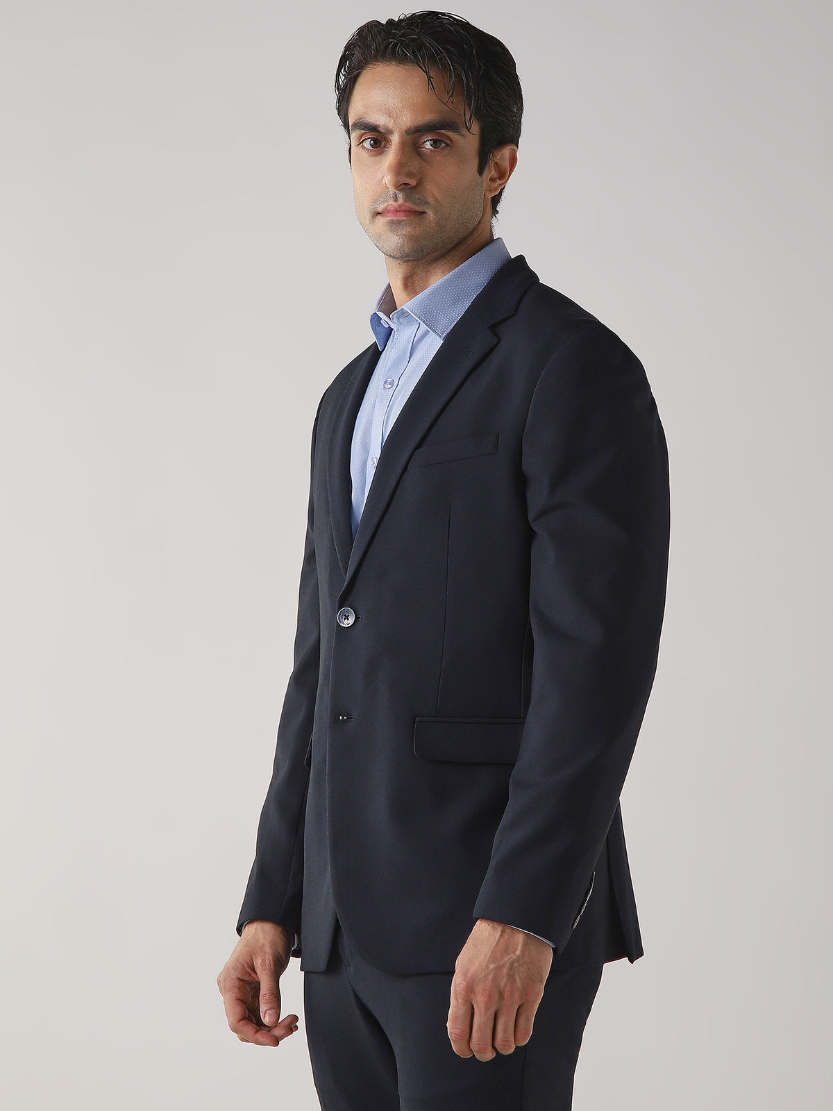 Navy Jacket Texture Navy Textured Cotton Blend Tailored Fit Formal Blazer