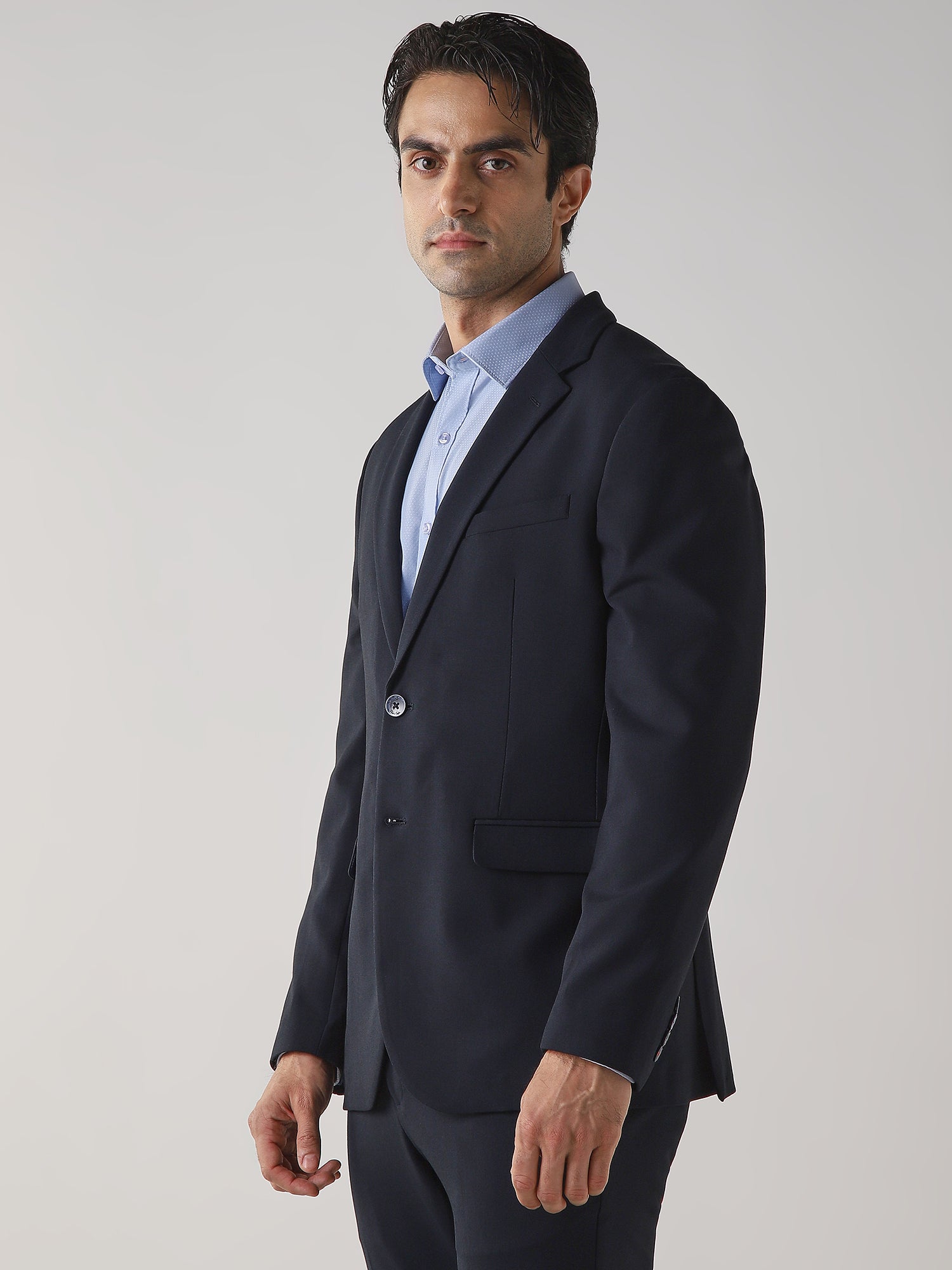 Navy Textured Cotton Blend Tailored Fit Formal Blazer