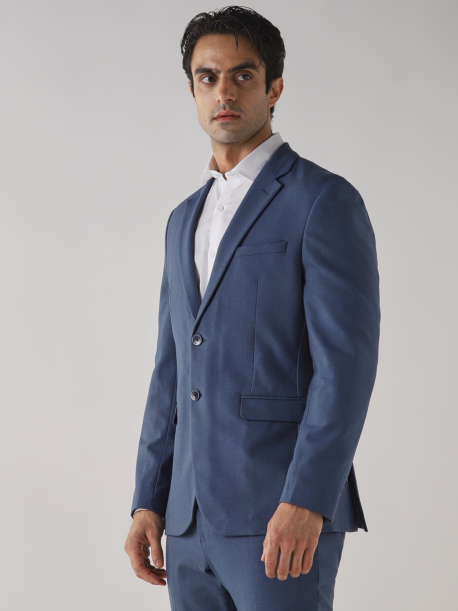 Royal blue Textured Cotton Blend Tailored Fit Formal Blazer