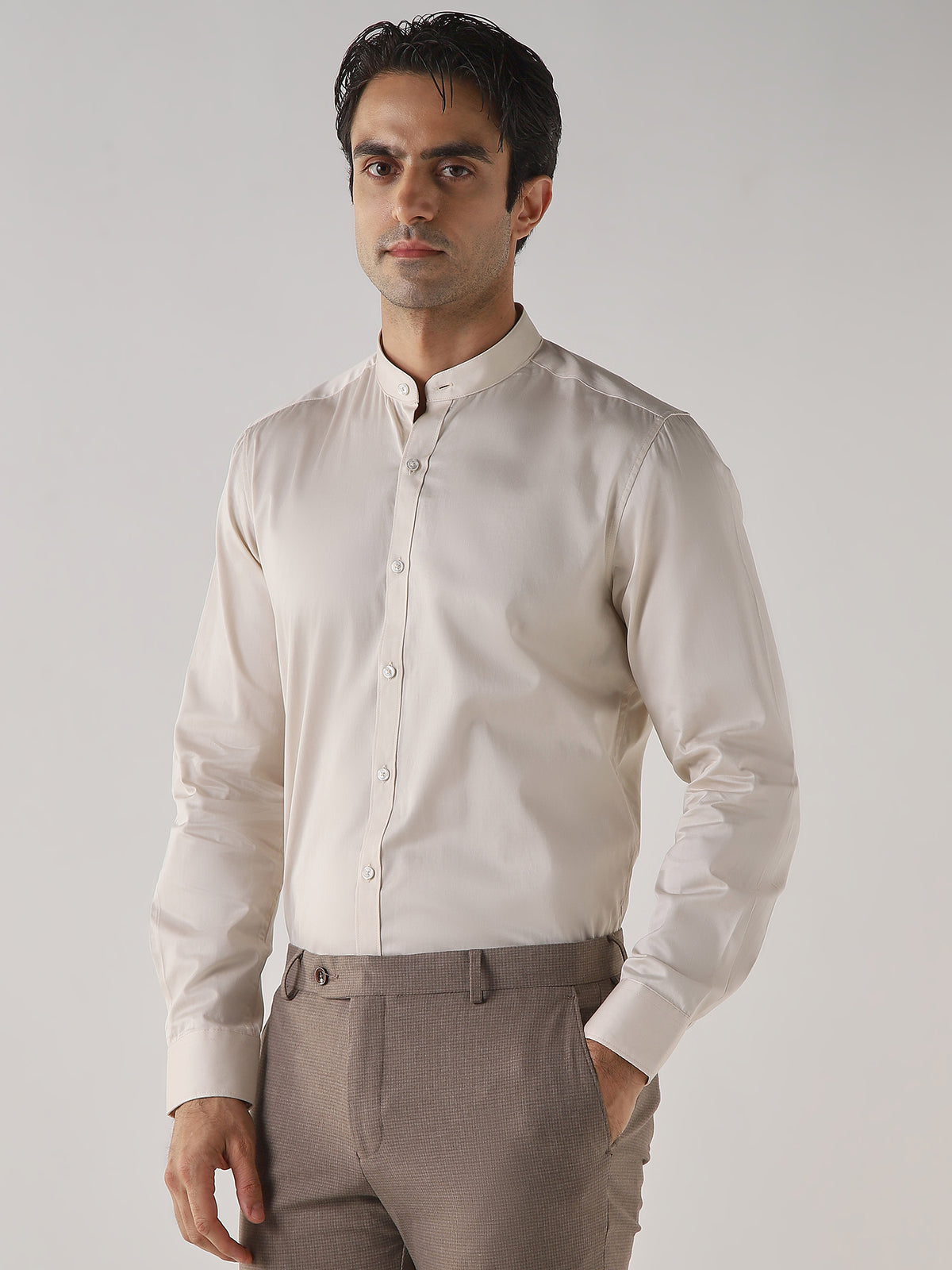 Men's Cotton Stretch Plain Slim Fit Full Sleeve Formal Shirt - Off White