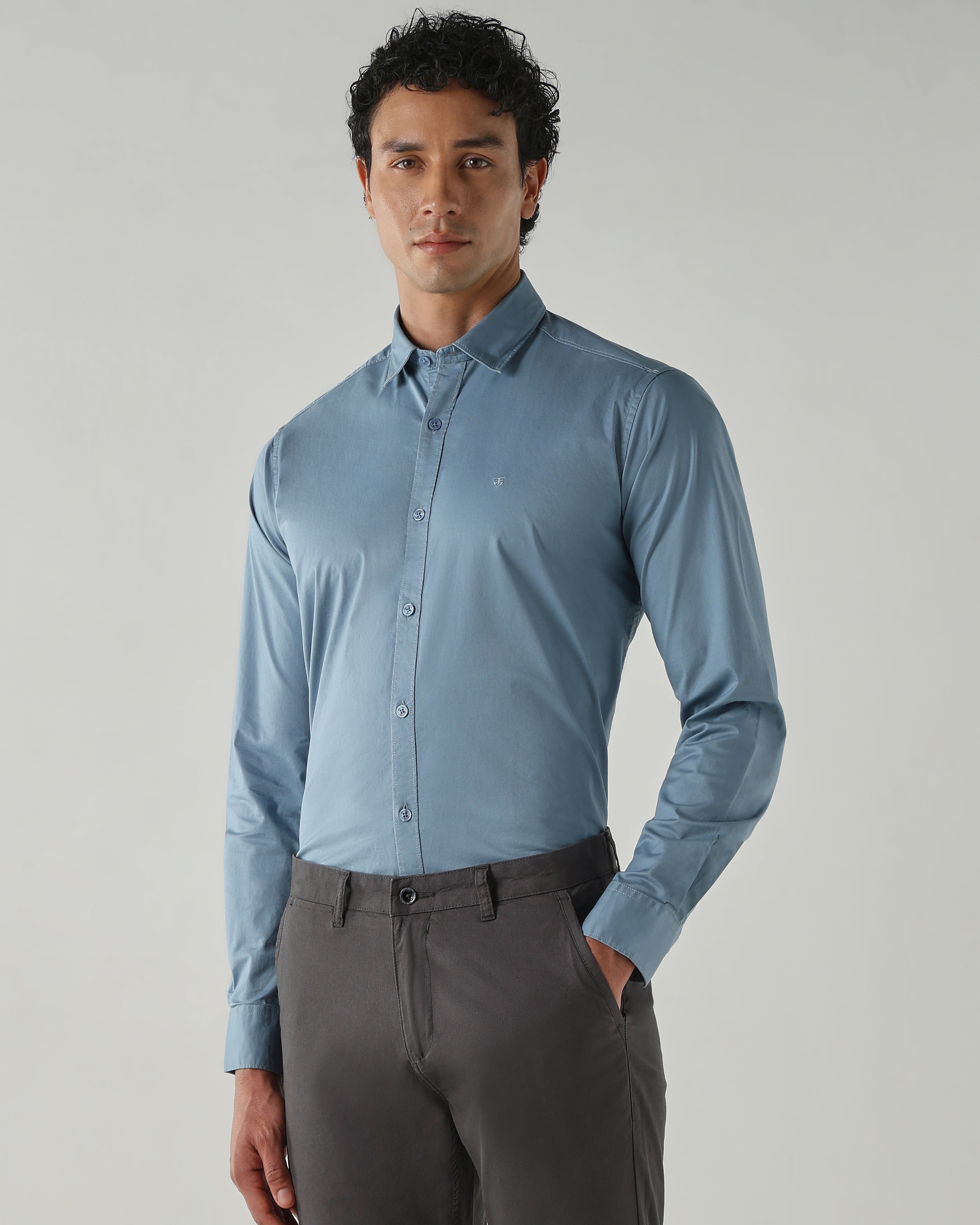 Men Slim Fit Shirts Mid Blue