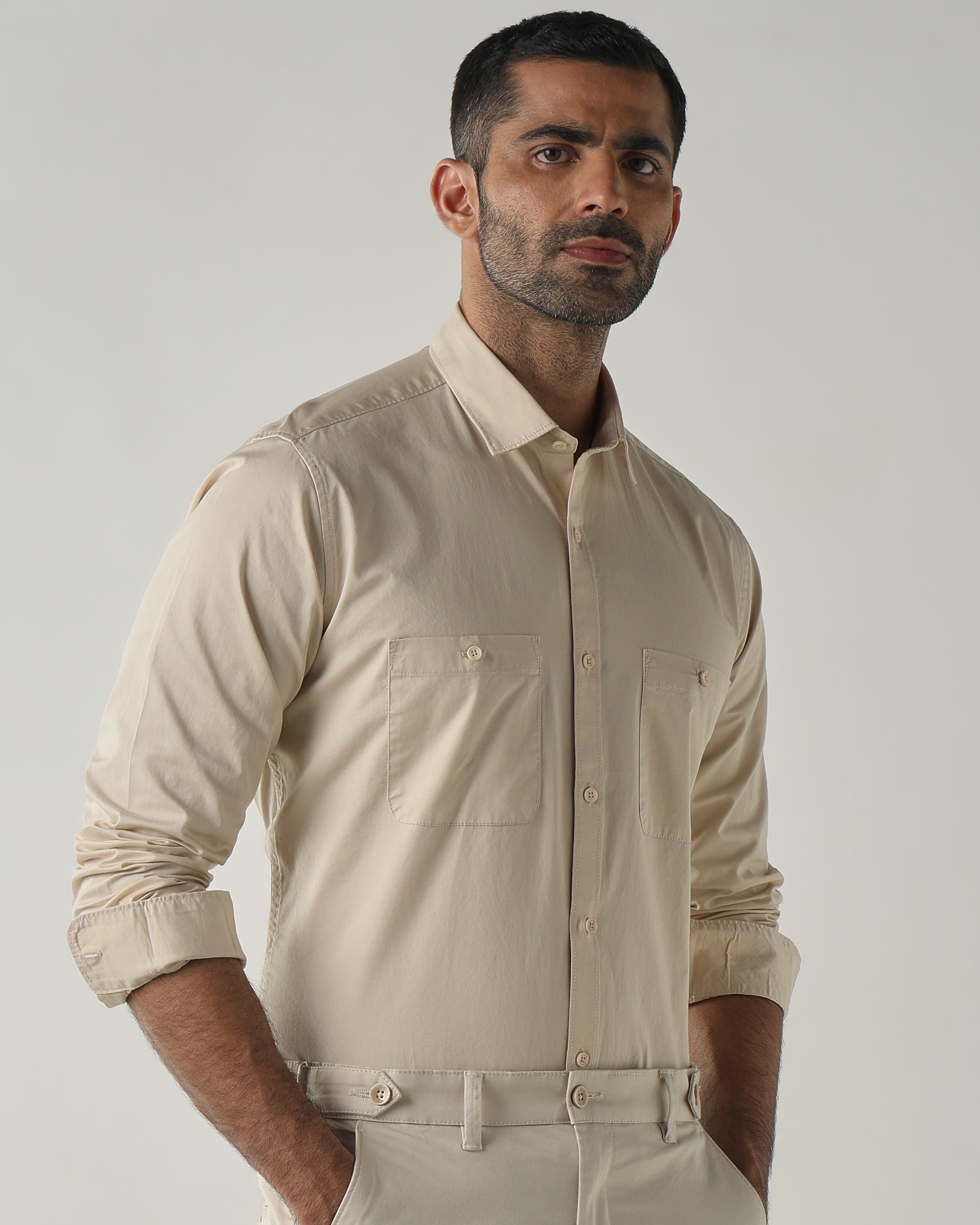 Cream Slim fit Smart Casual Shirts