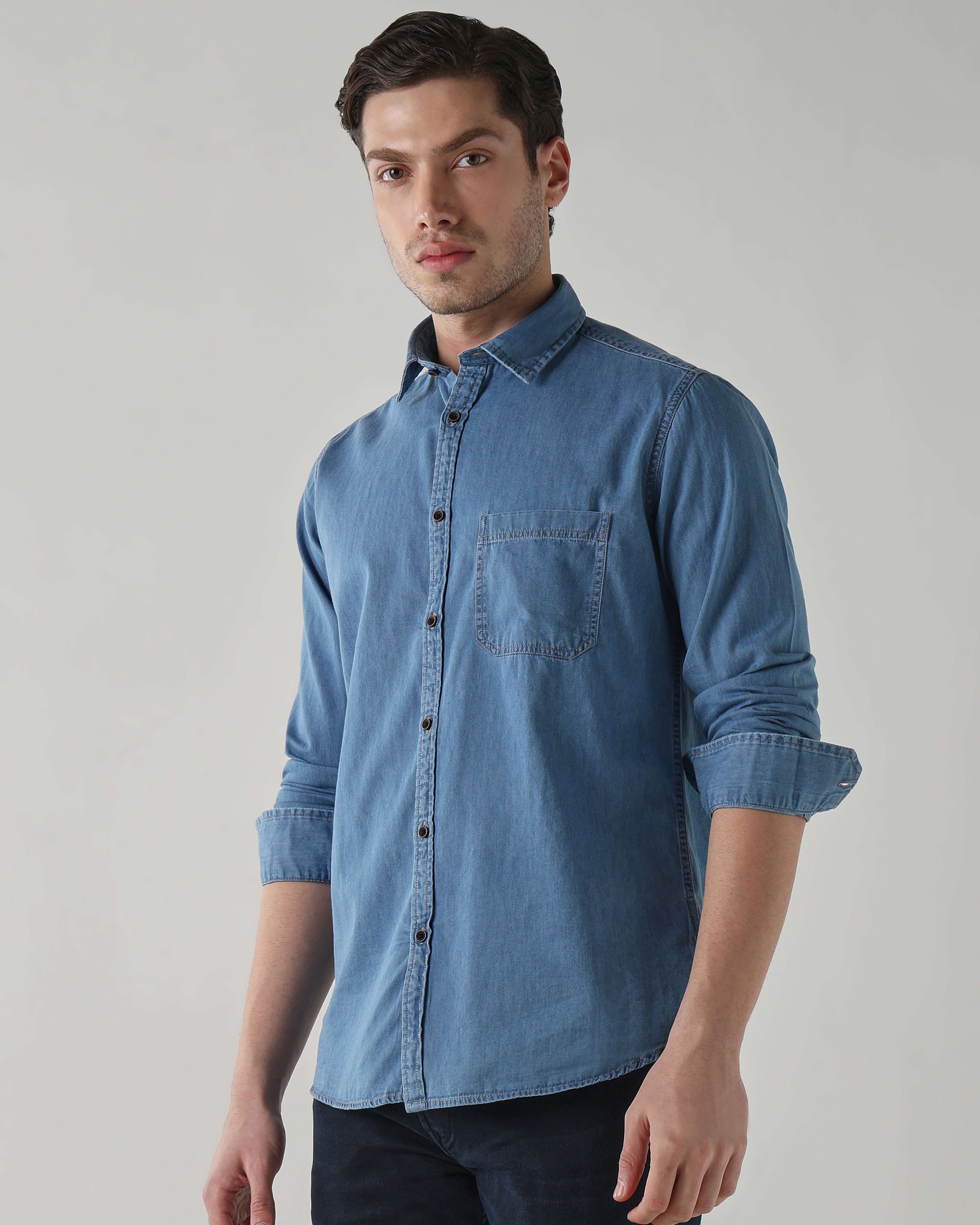 Men Slim Fit Denim Shirt - Light Blue