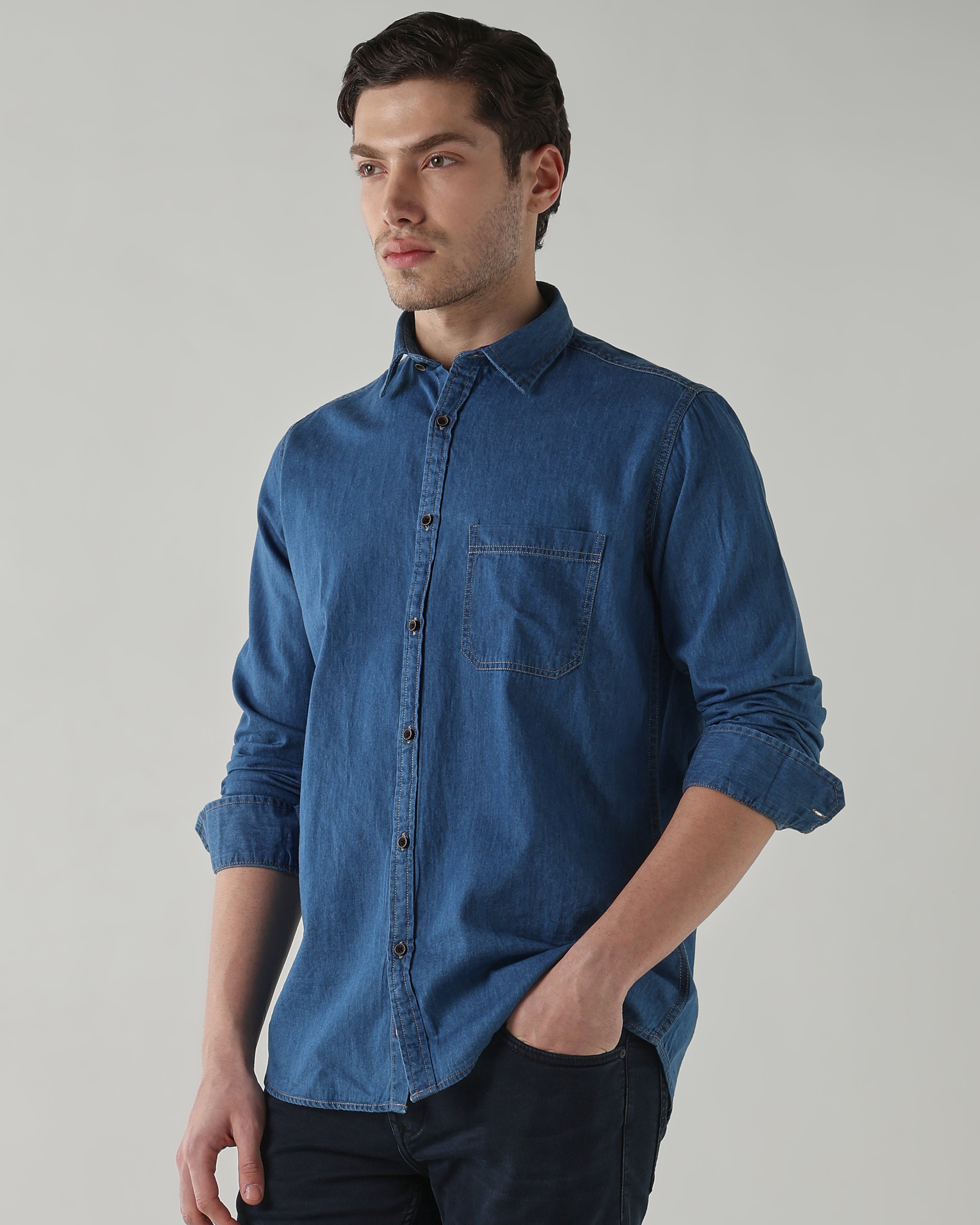 Men Slim Fit Denim Shirt - Medium Blue