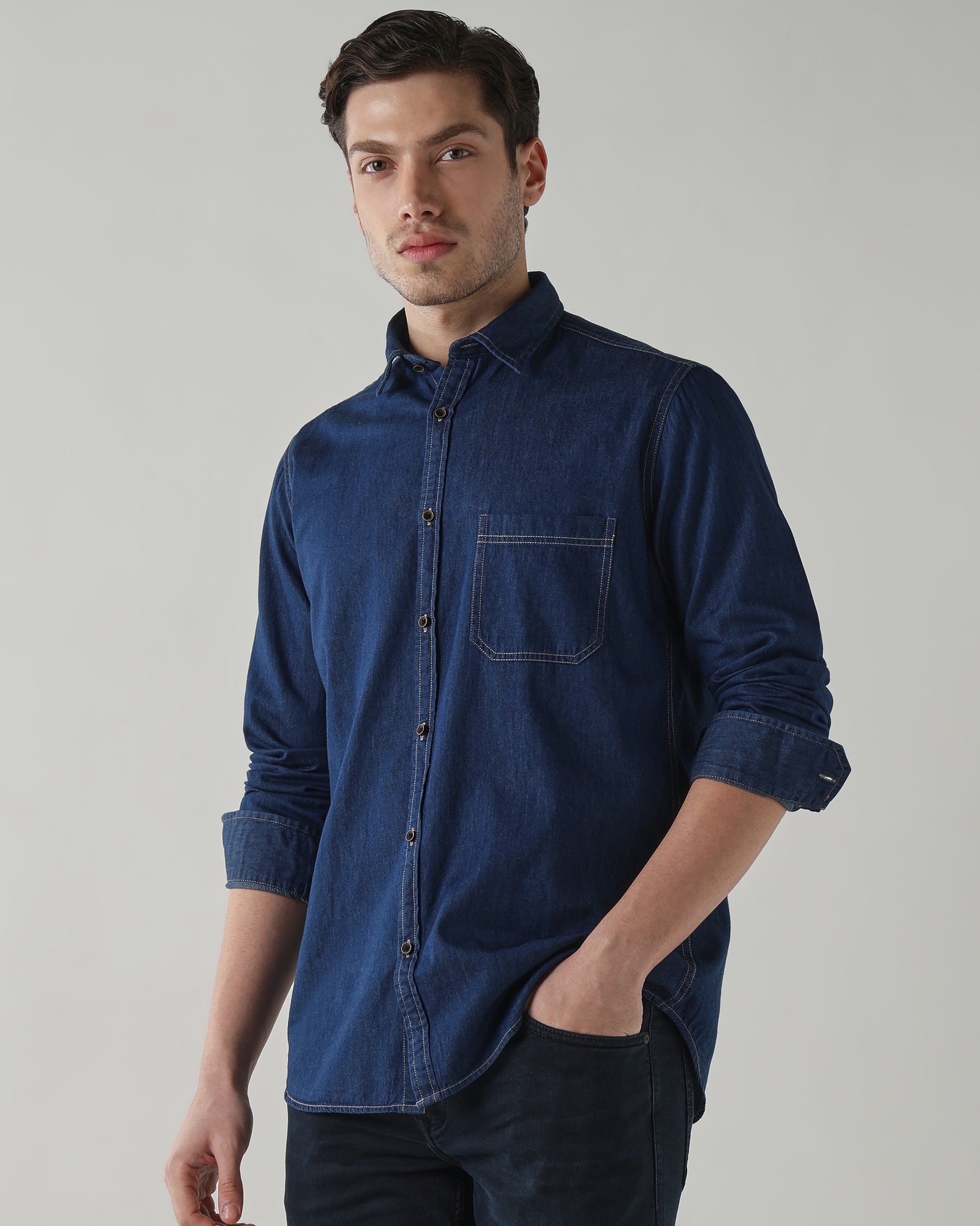 Men Slim Fit Denim Shirt - Dark Blue