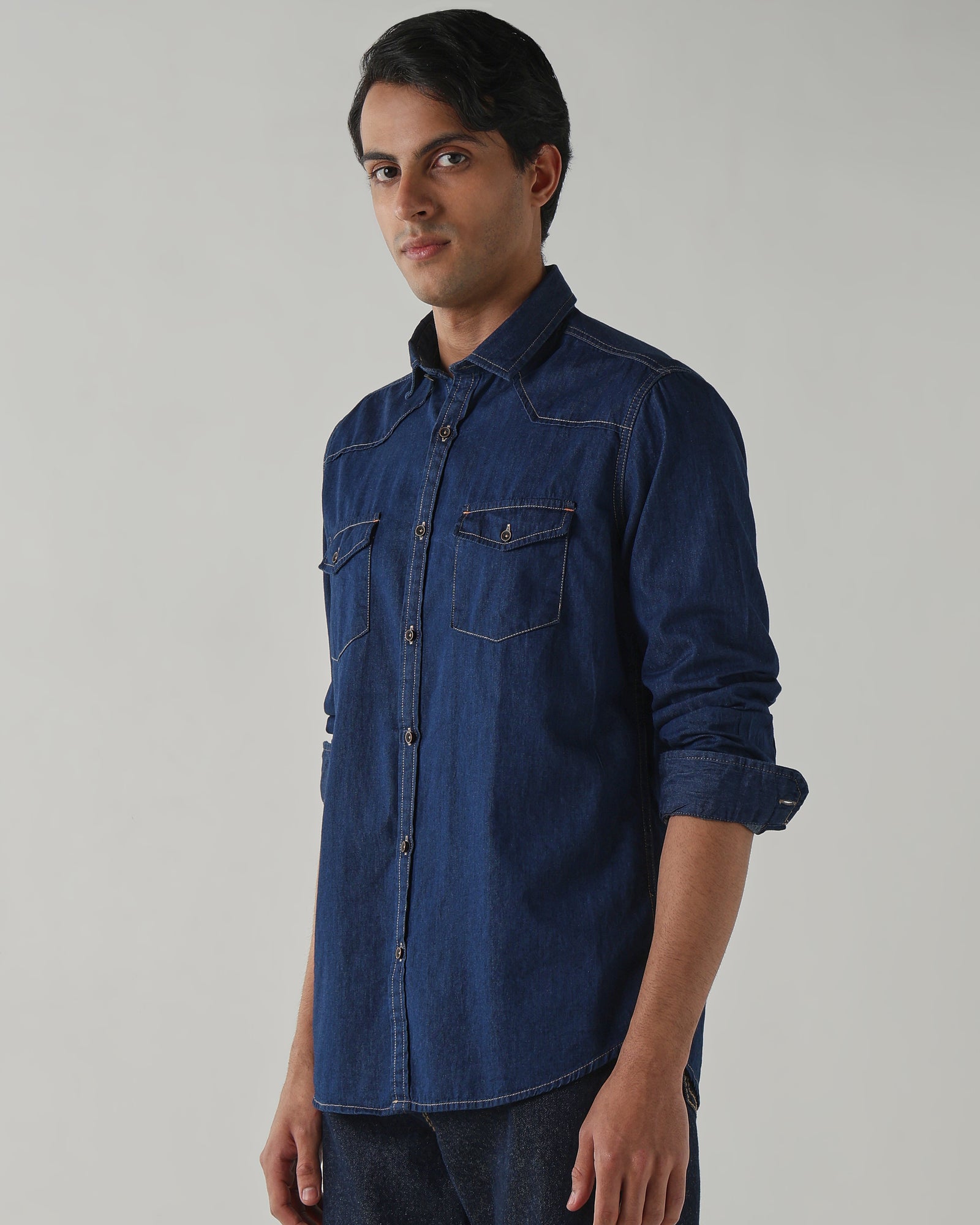 Men Slim Fit Denim Shirt - Dark Blue