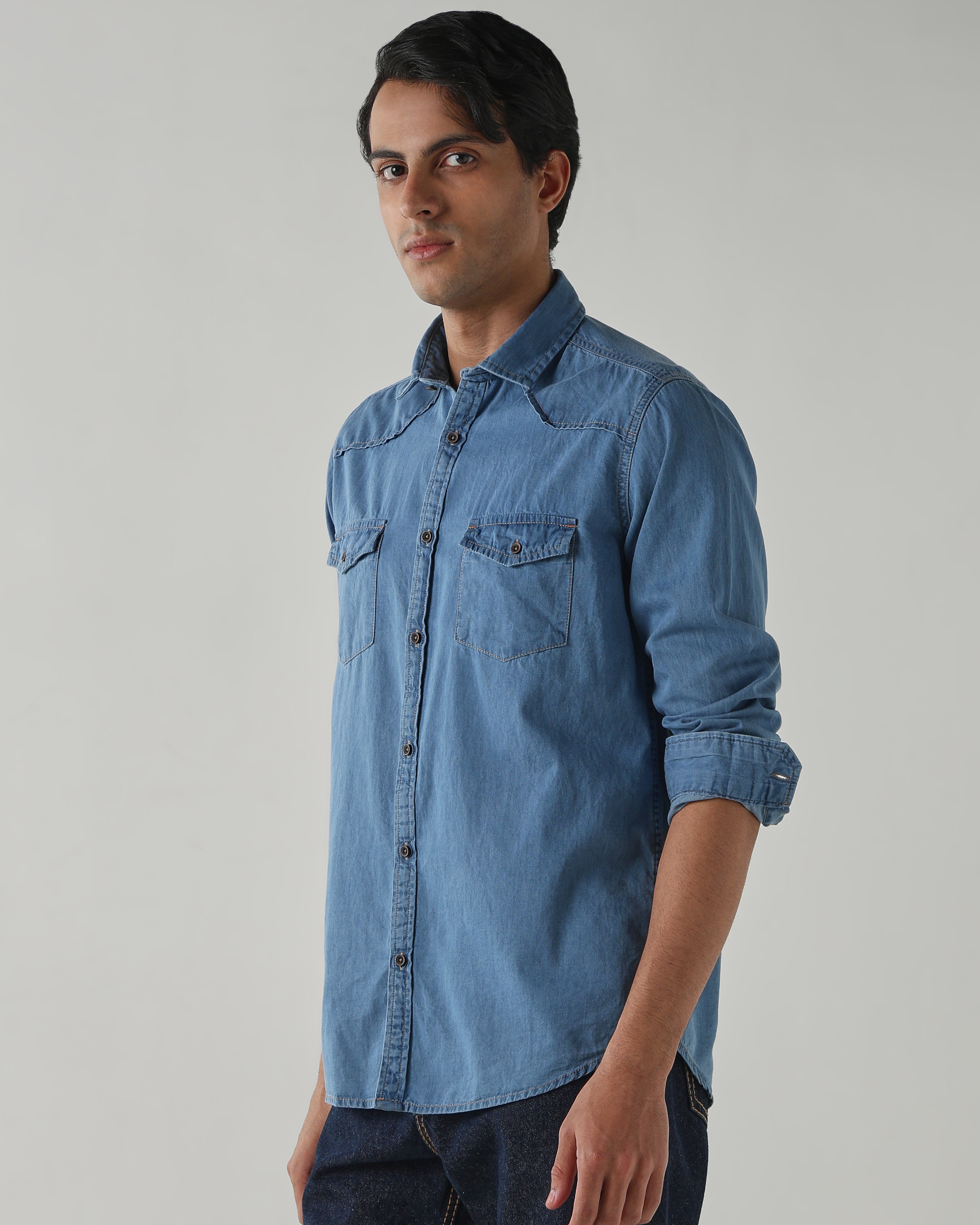 Men Slim Fit Denim Shirt- Light Blue