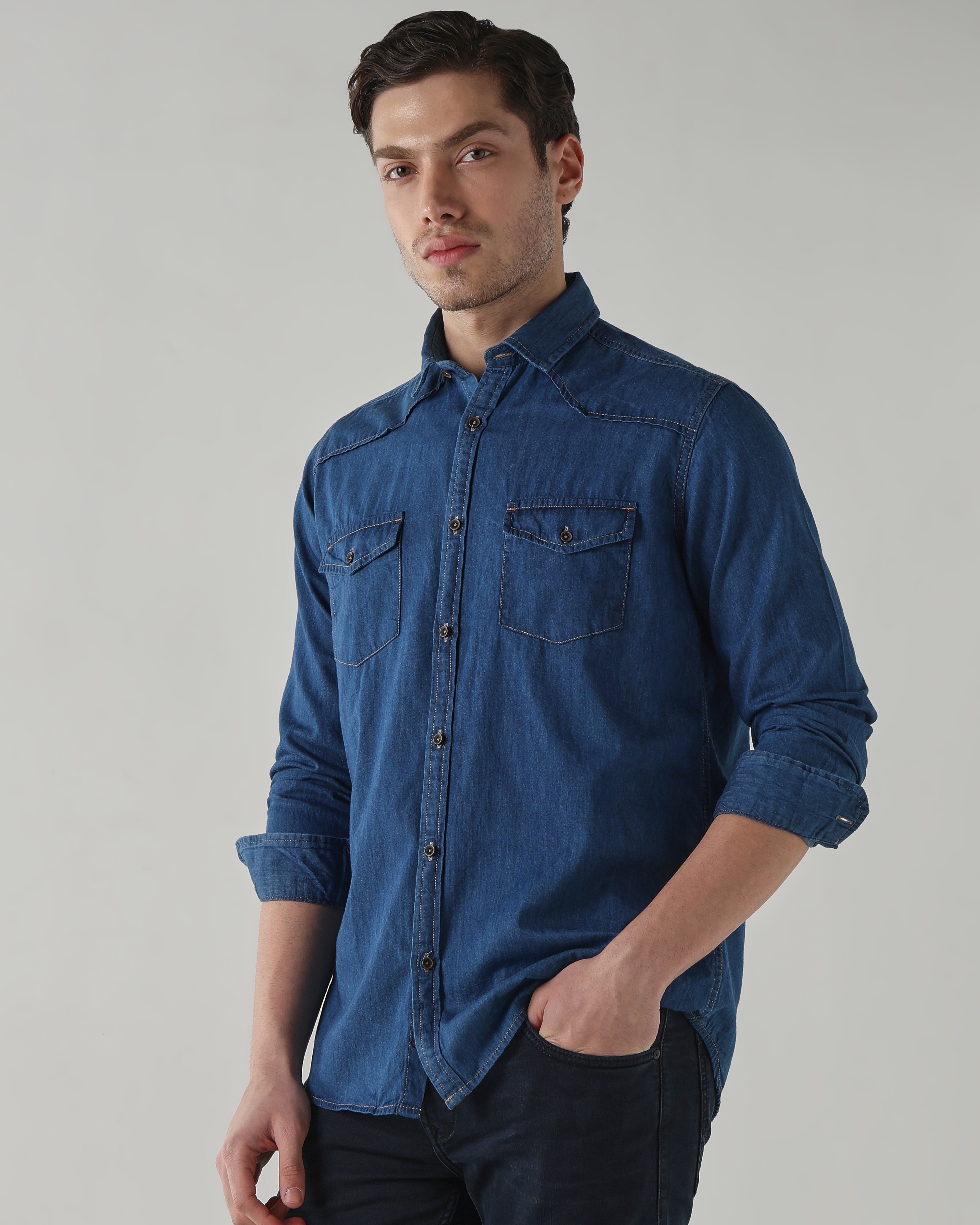 Men Slim Fit Denim Shirt - Medium Blue