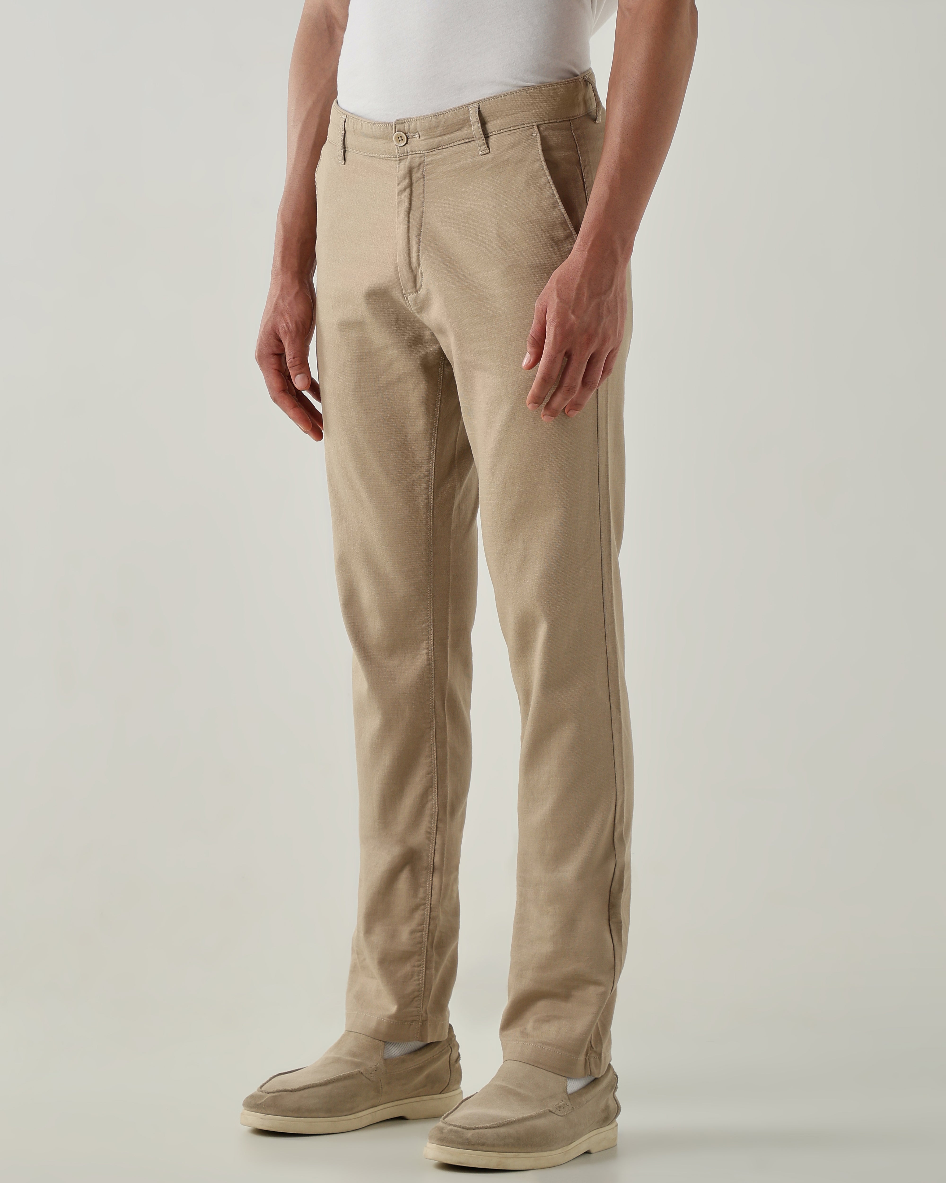 Men Regular Fit Trousers Beige