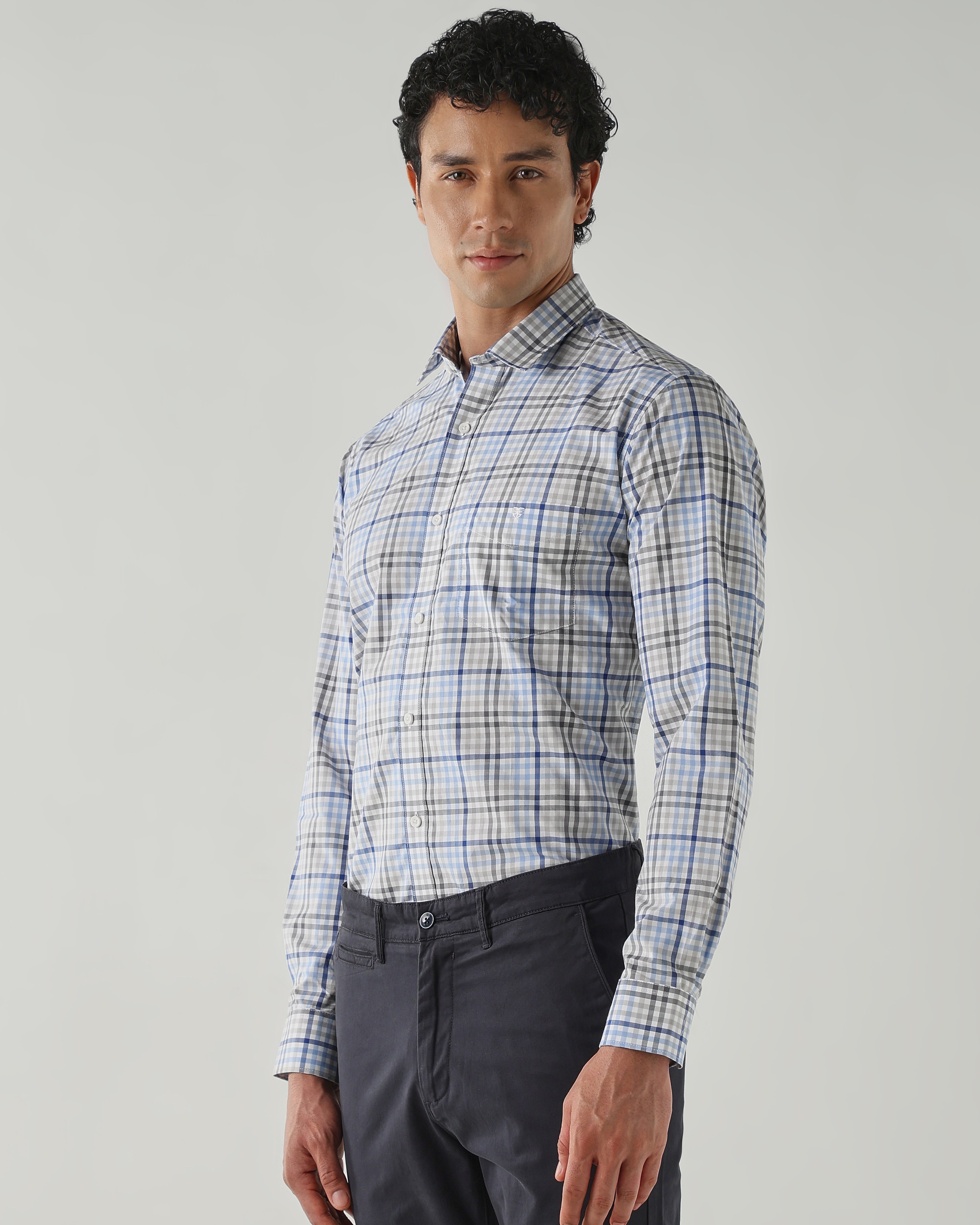 Men Slim Fit Shirts Grey/Blue/White