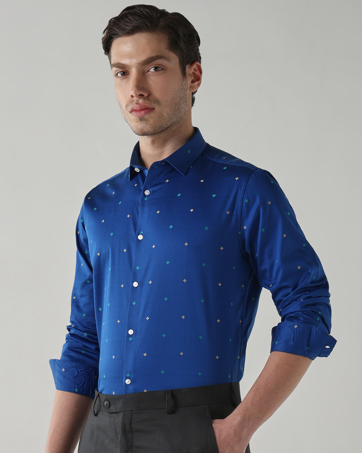 Men's Pure Cotton Jacquard Jacquard Dobby Slim Fit Full Sleeve Formal Shirt - Blue