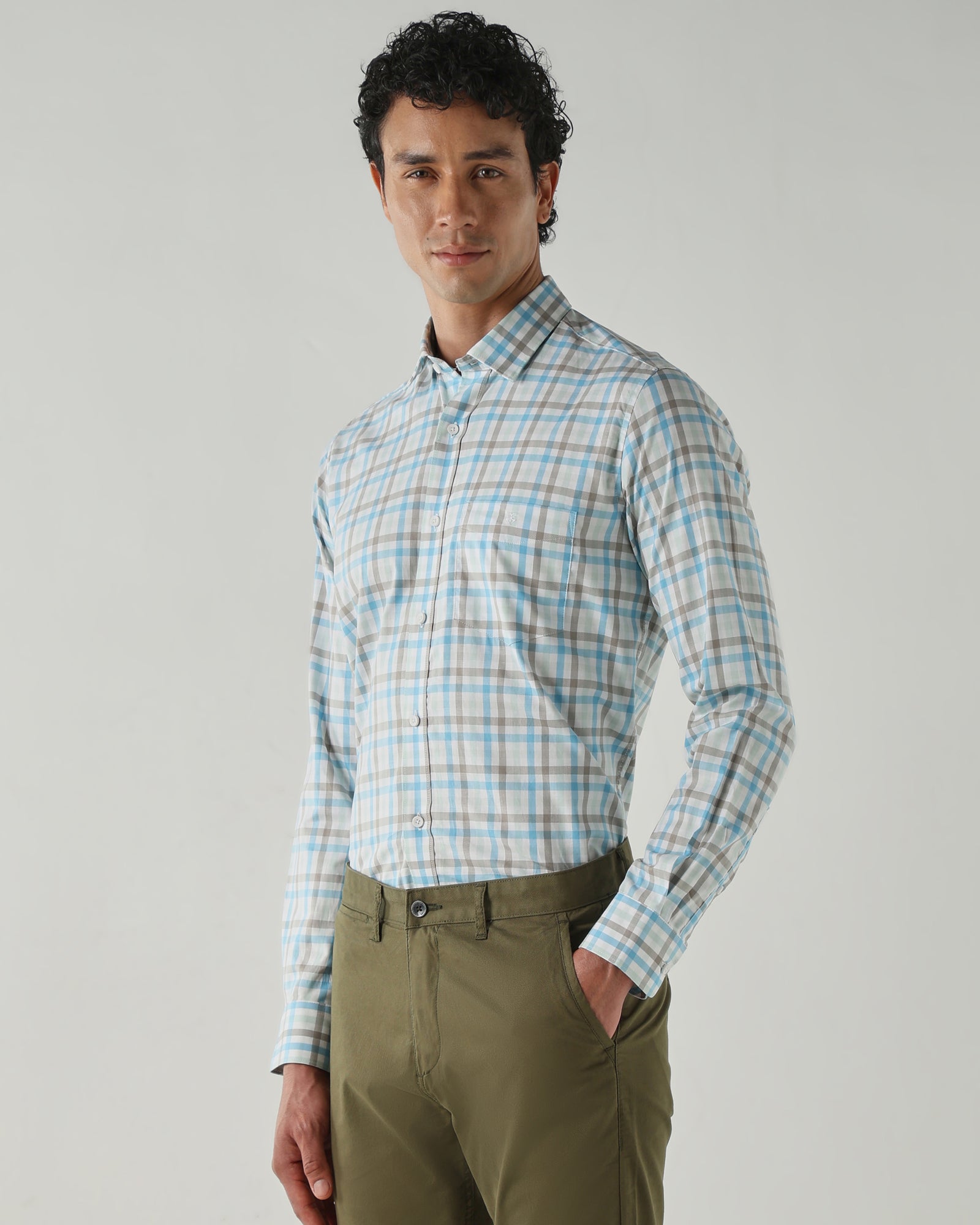 Men Slim Fit Shirts Aqua/Green/Brown