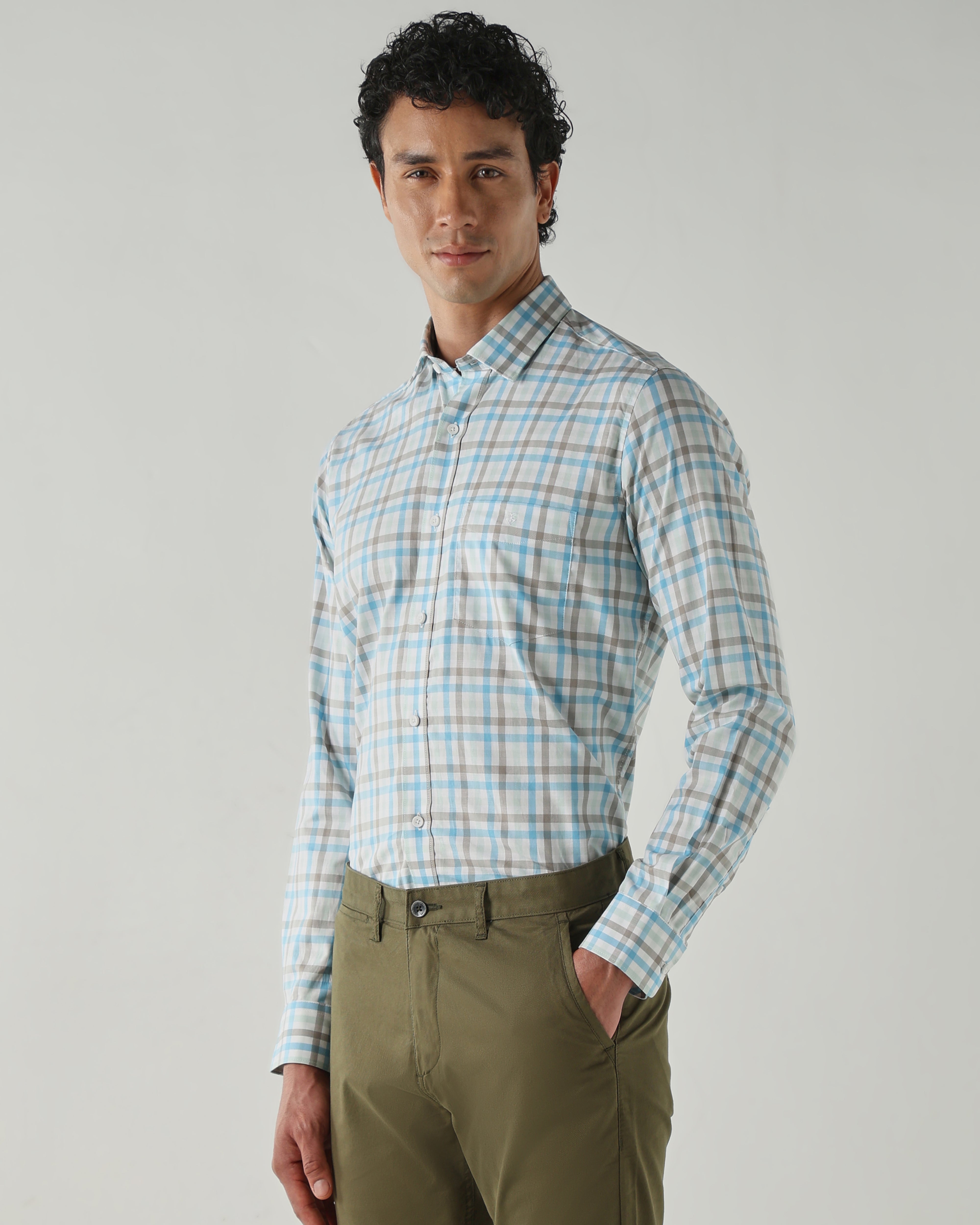 Men Slim Fit Shirts Aqua/Green/Brown