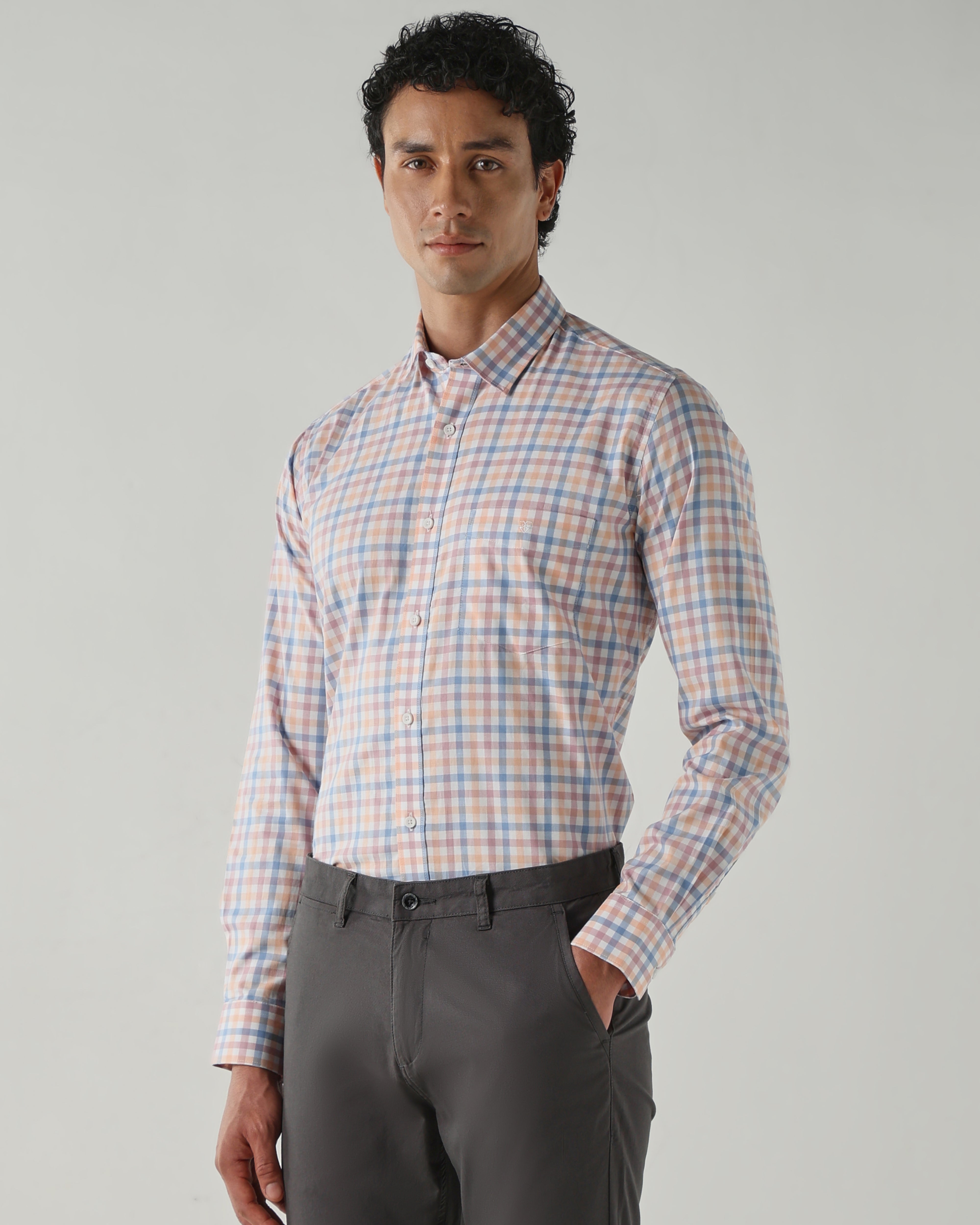 Men Slim Fit Shirts Orange/Blue/Pink
