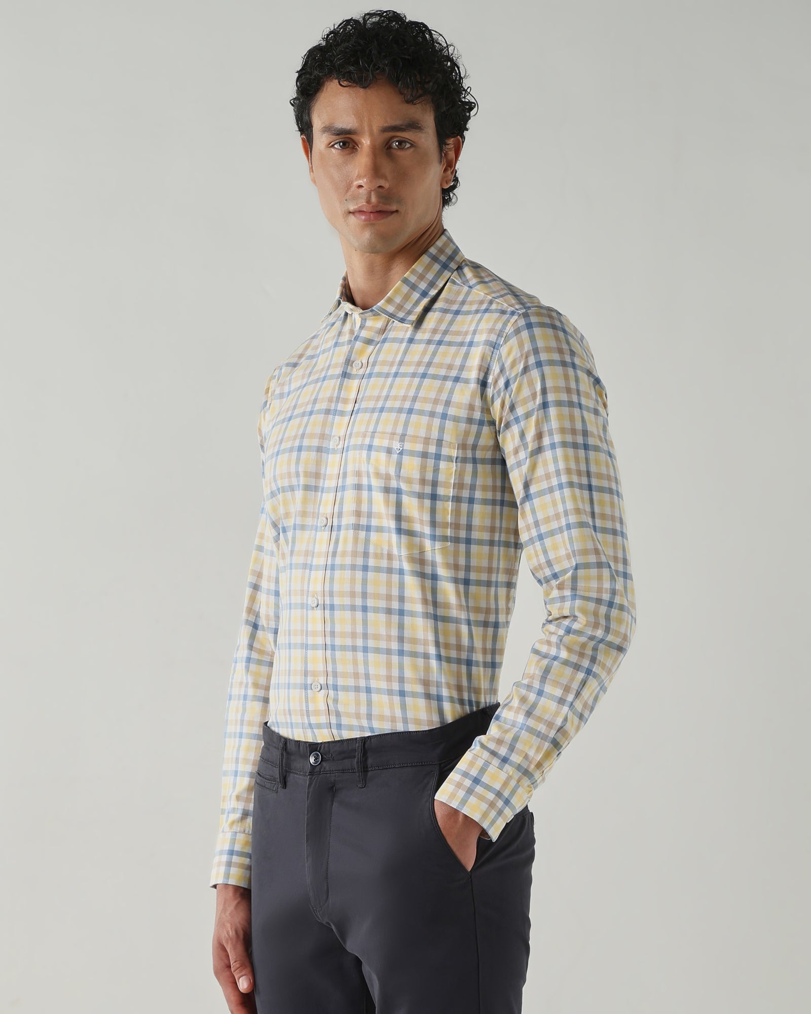 Men Slim Fit Shirts Yellow/Blue/Brown