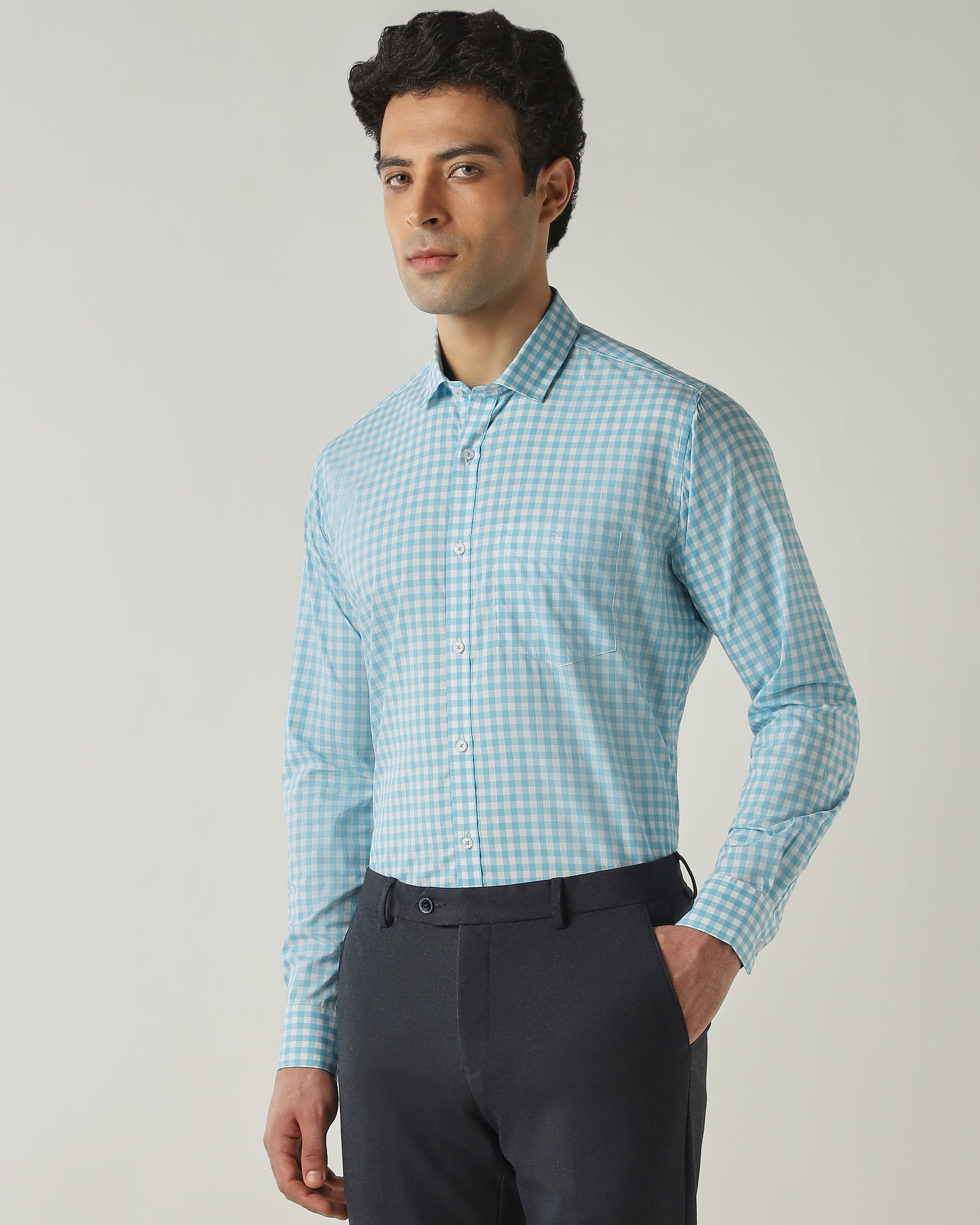 Shirt Aqua/White Slim Fit 100% Cotton