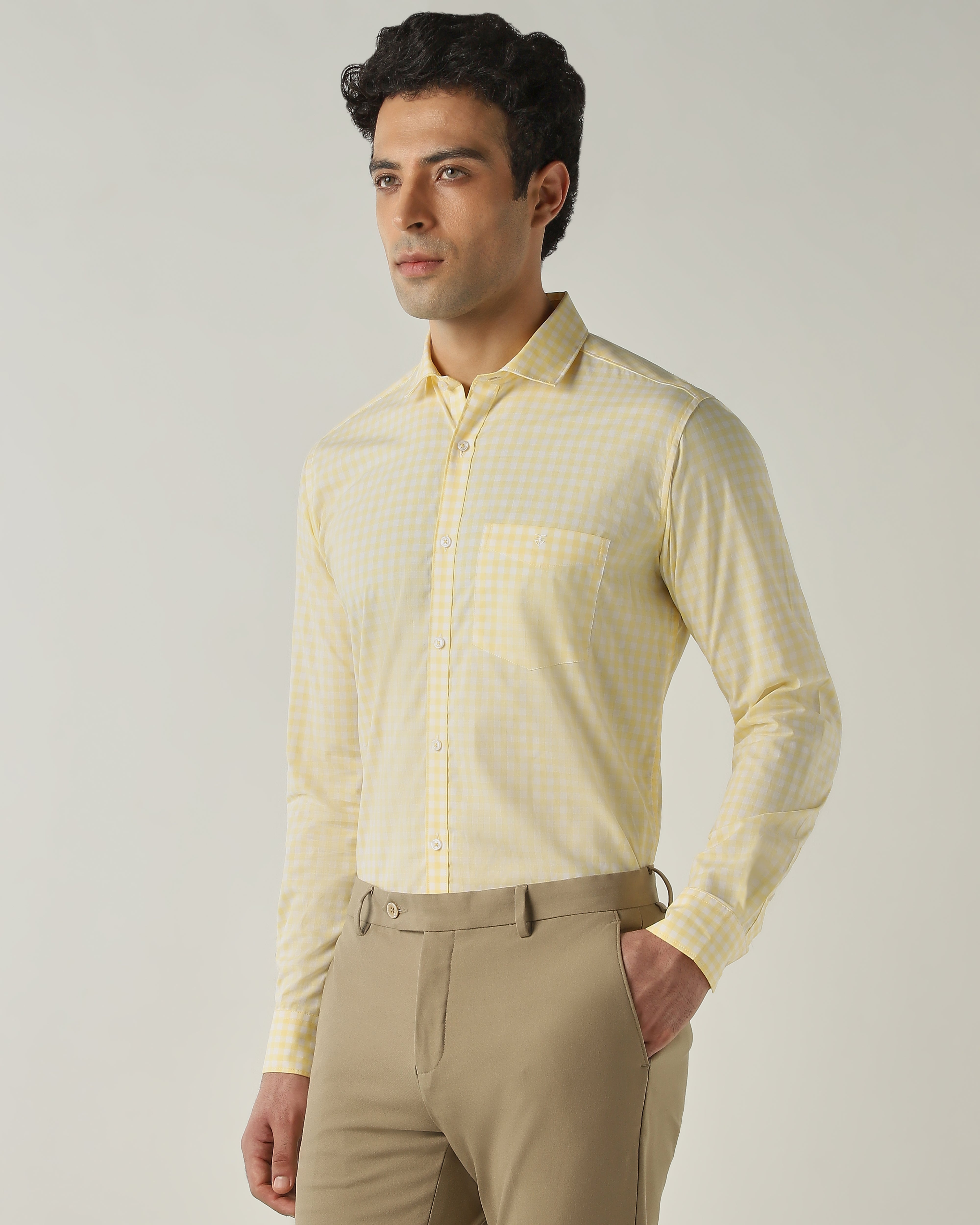Shirt Yellow/White Slim Fit 100% Cotton