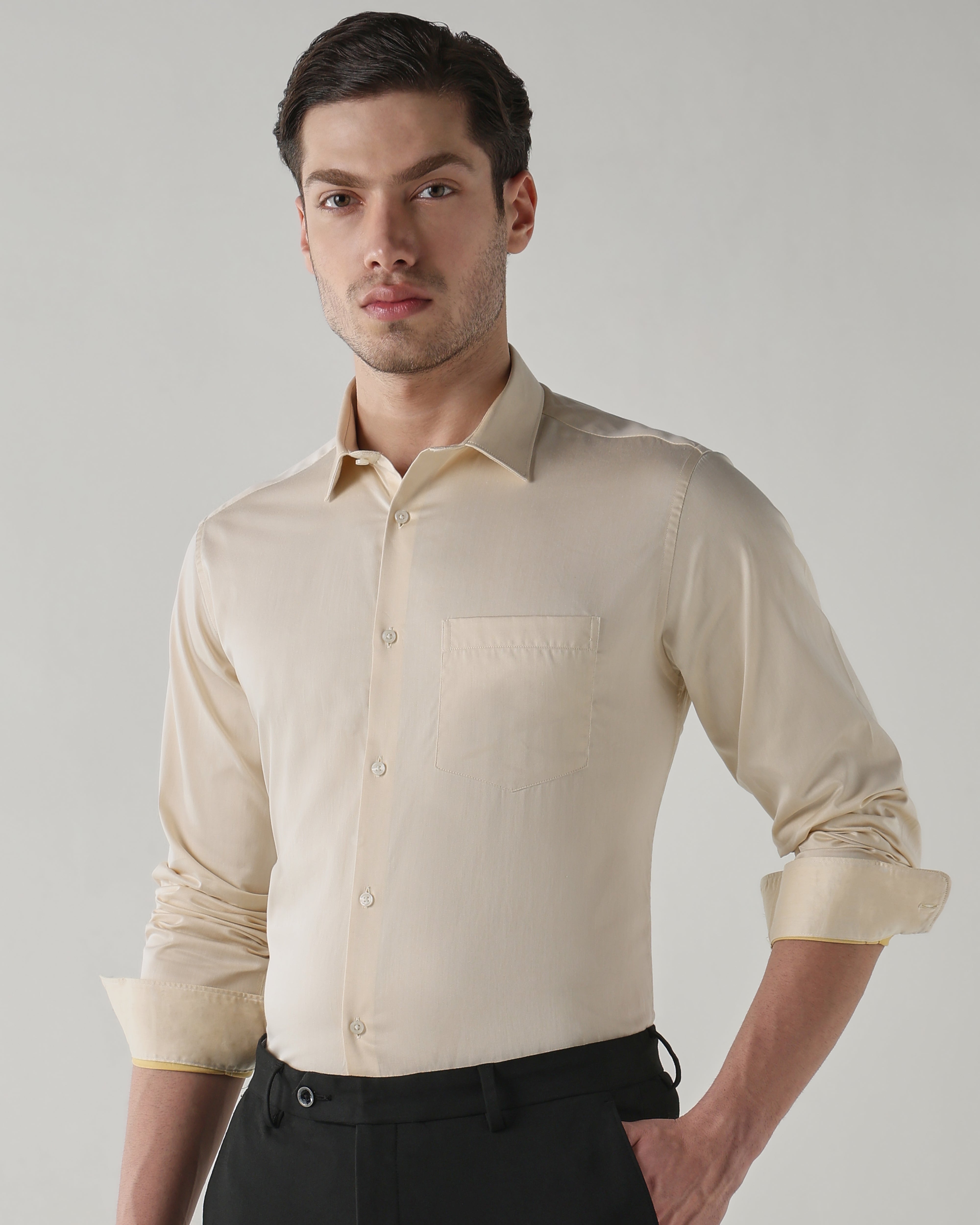 Men Slim Fit Shirt Light Yellow