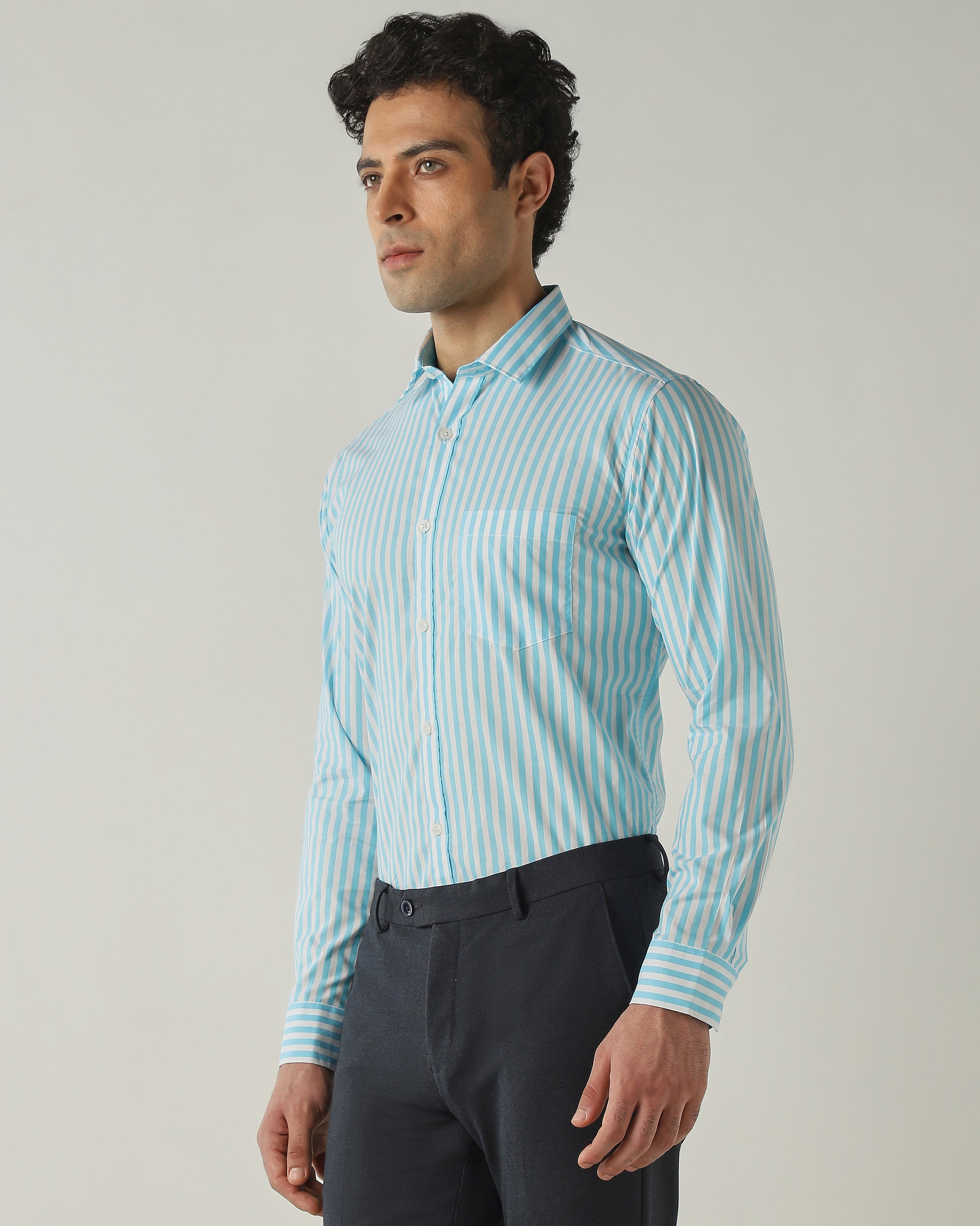 Shirt Aqua/White Slim Fit 100% Cotton