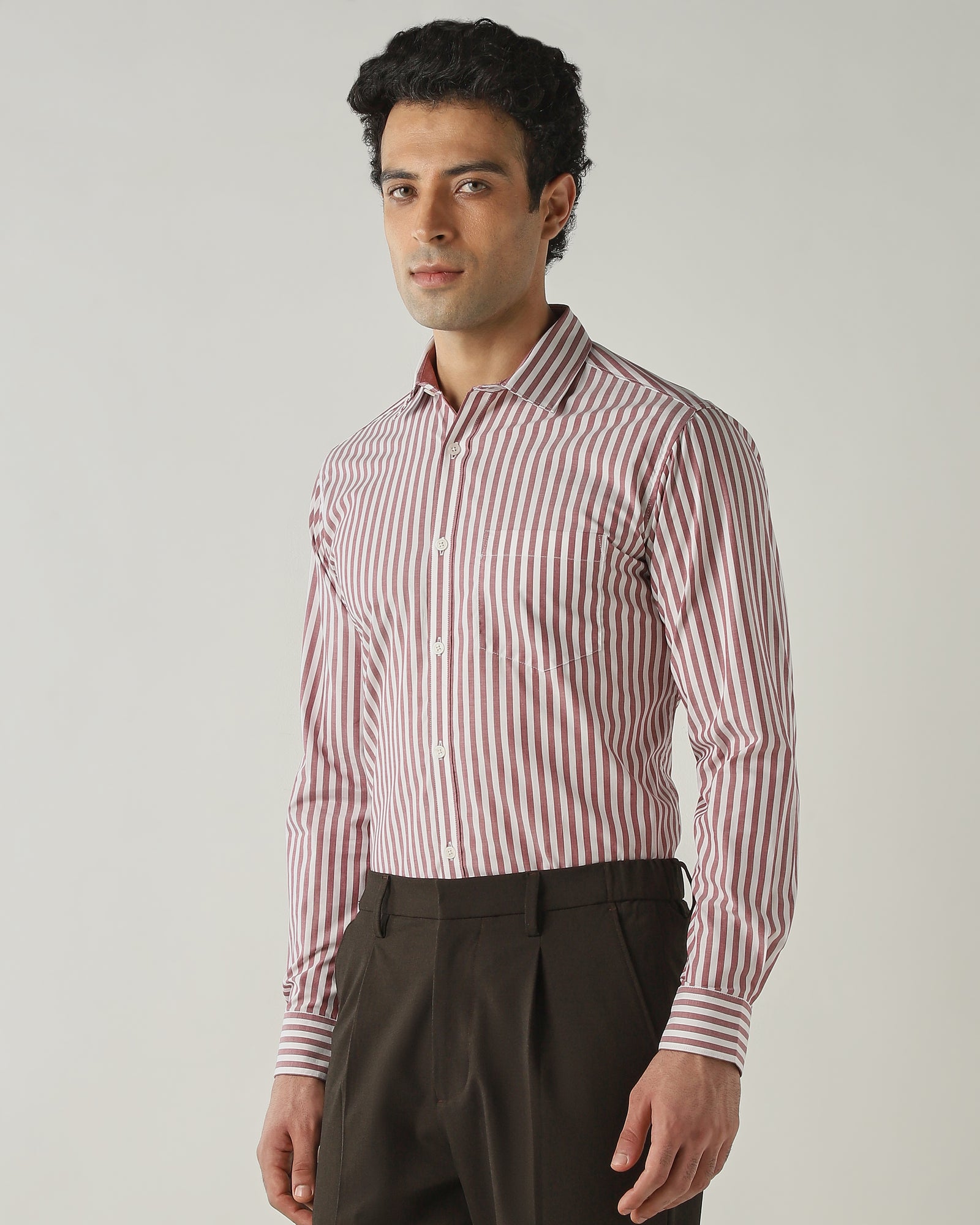 Shirt Maroon/White Slim Fit 100% Cotton