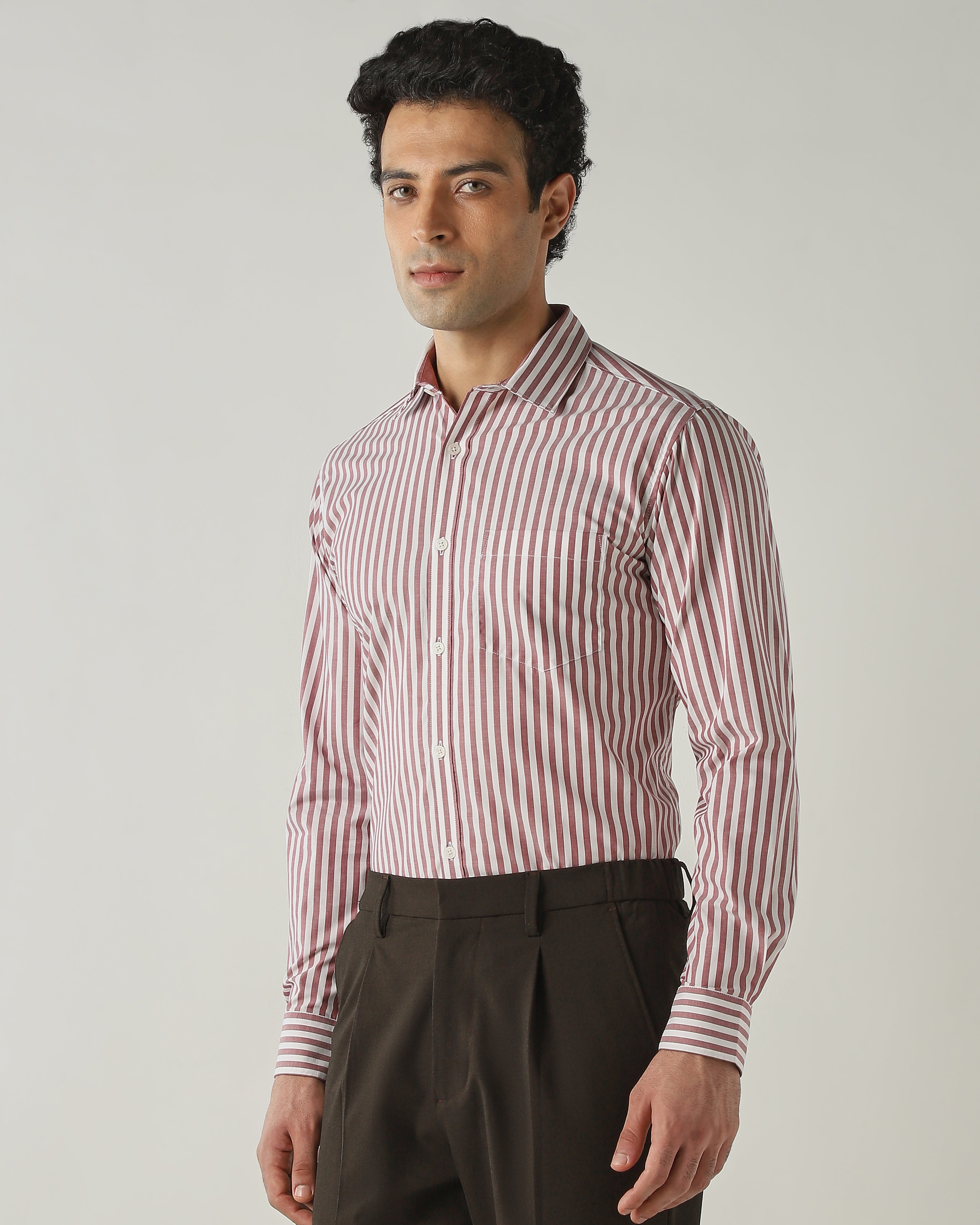 Shirt Maroon/White Slim Fit 100% Cotton