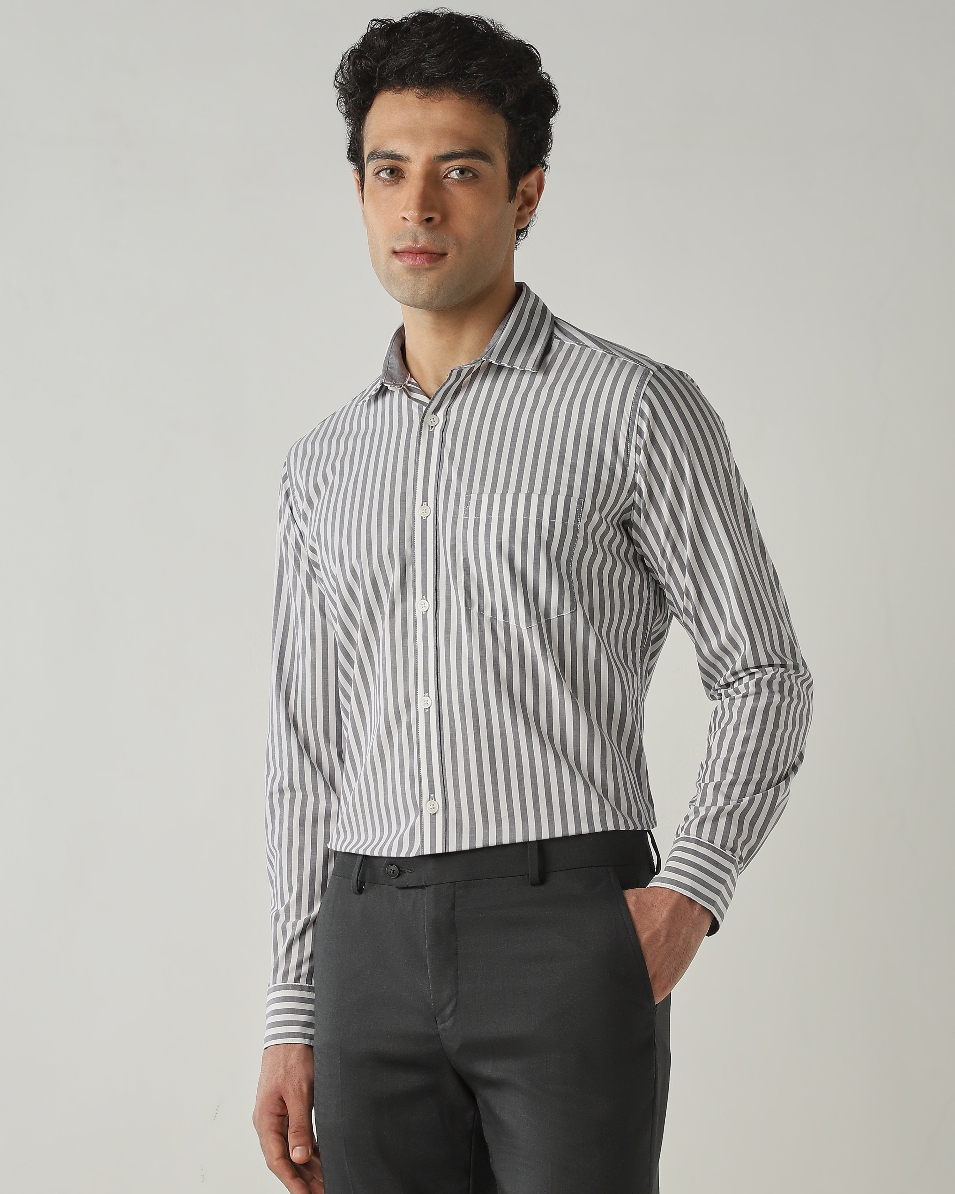 Shirt White/Lt Grey Slim Fit 100% Cotton