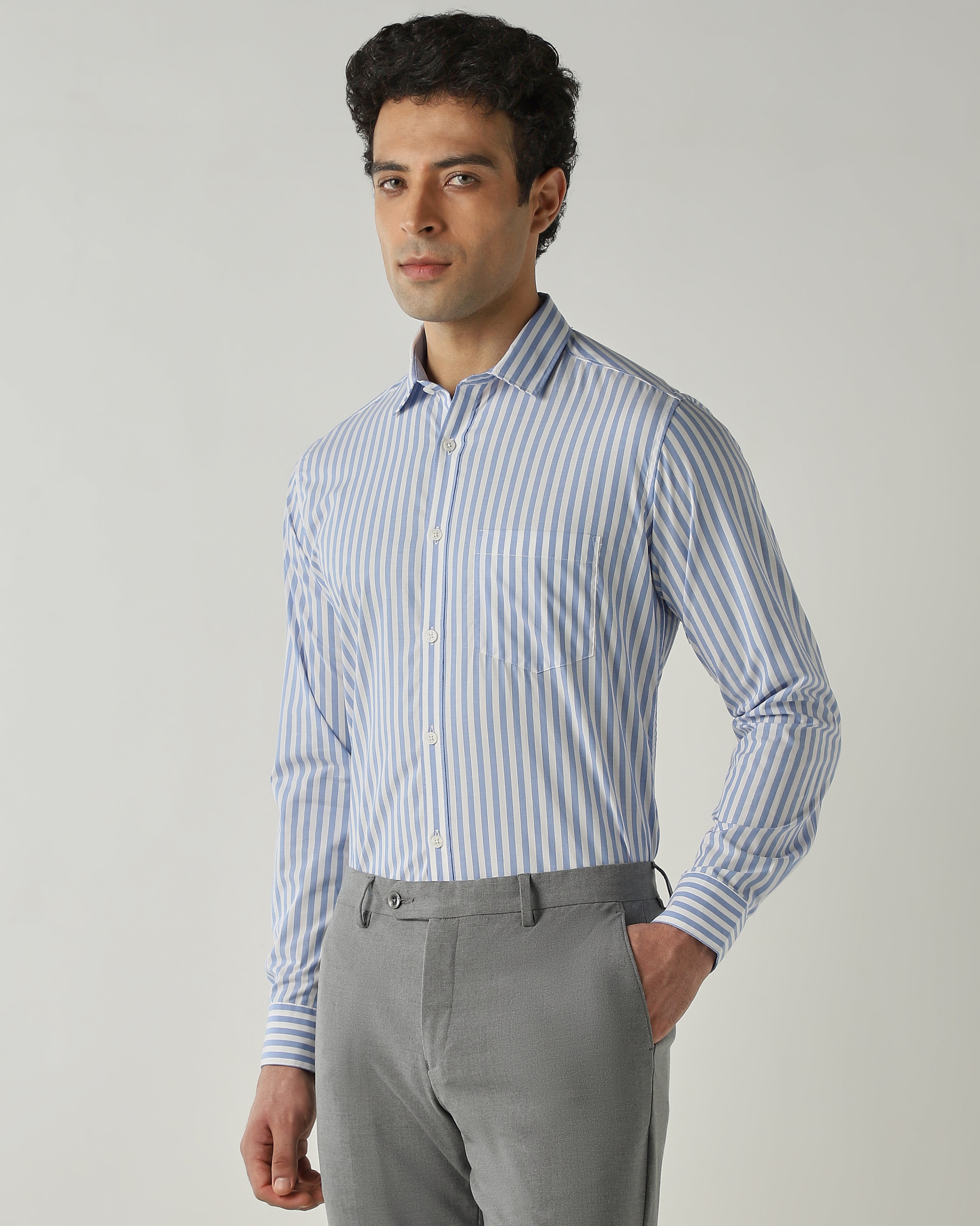 Shirt White/Sky Blue Slim Fit 100% Cotton