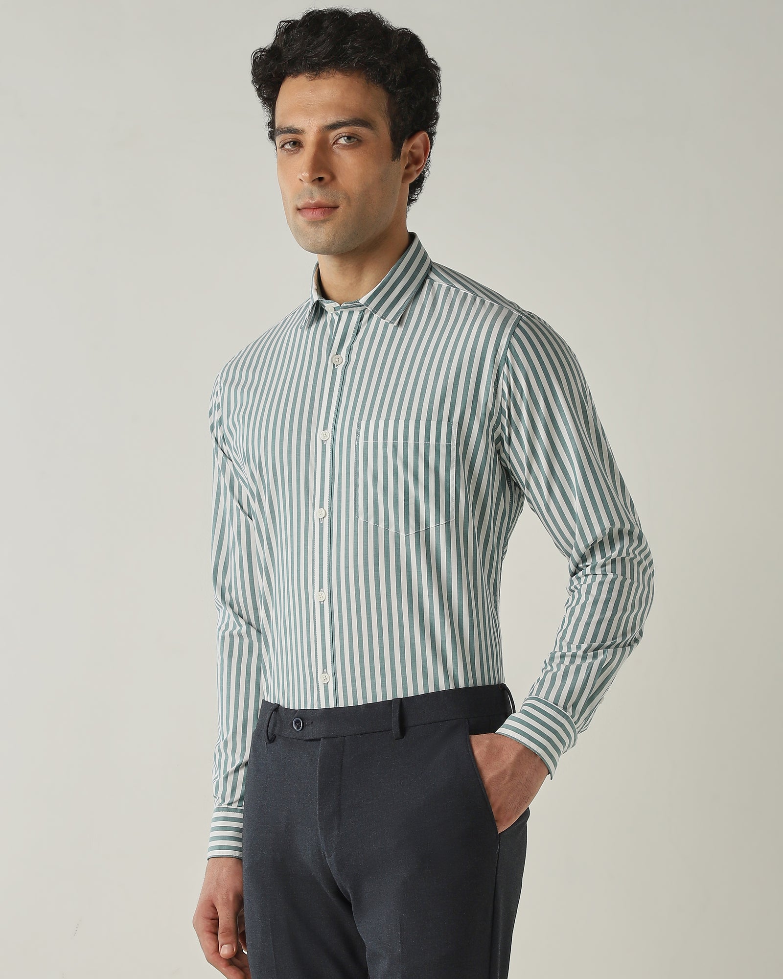 Shirt WHITE/GREEN Slim Fit 100% Cotton
