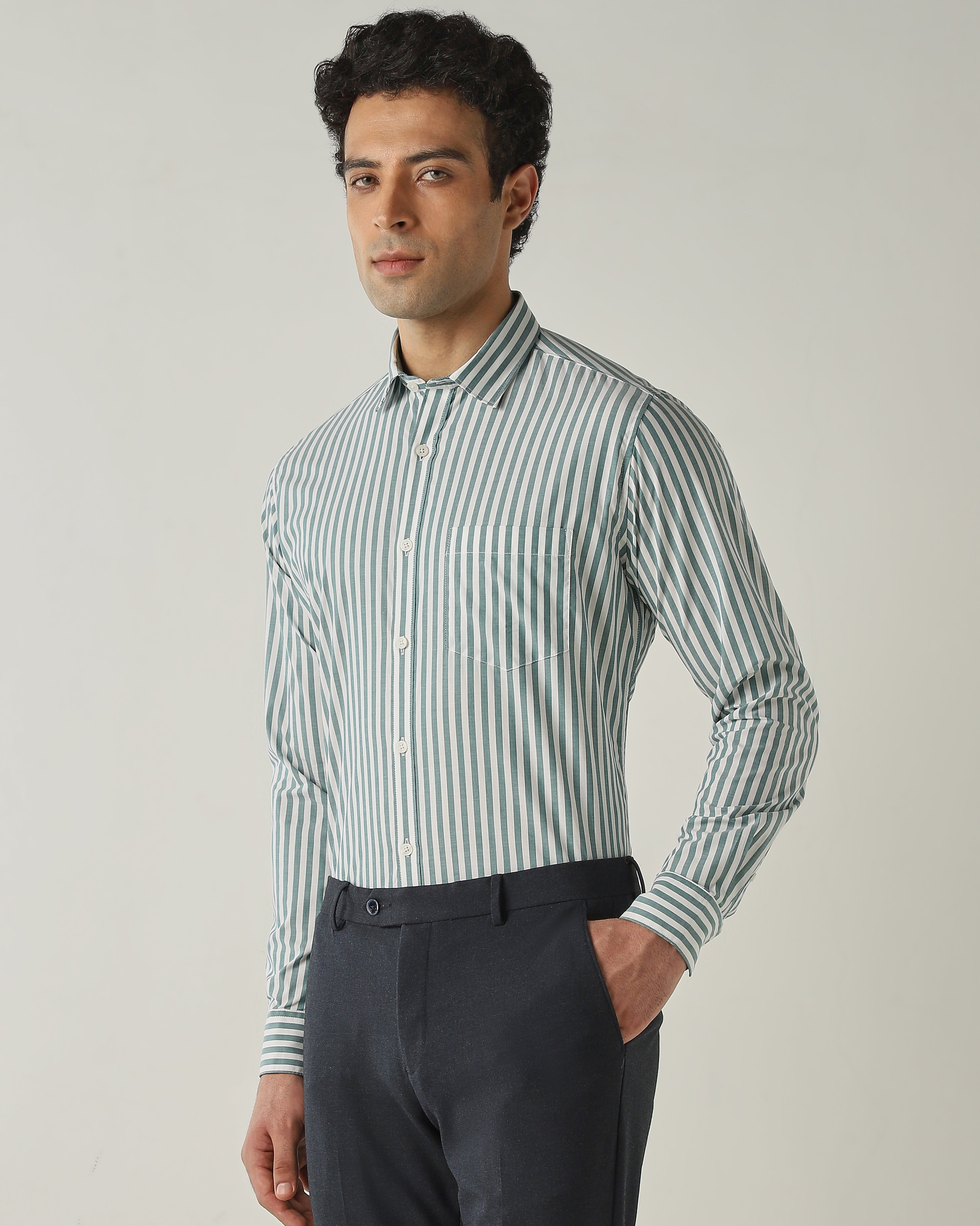 Shirt WHITE/GREEN Slim Fit 100% Cotton