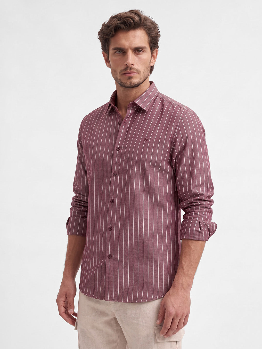 Men's Pure Cotton Stripes Slim Fit Full Sleeve Casual Shirt - Red