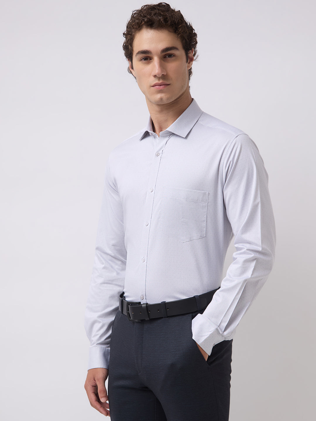 Men's Pure Cotton Dobby Solid Regular Fit Full Sleeve Formal Shirt - Grey