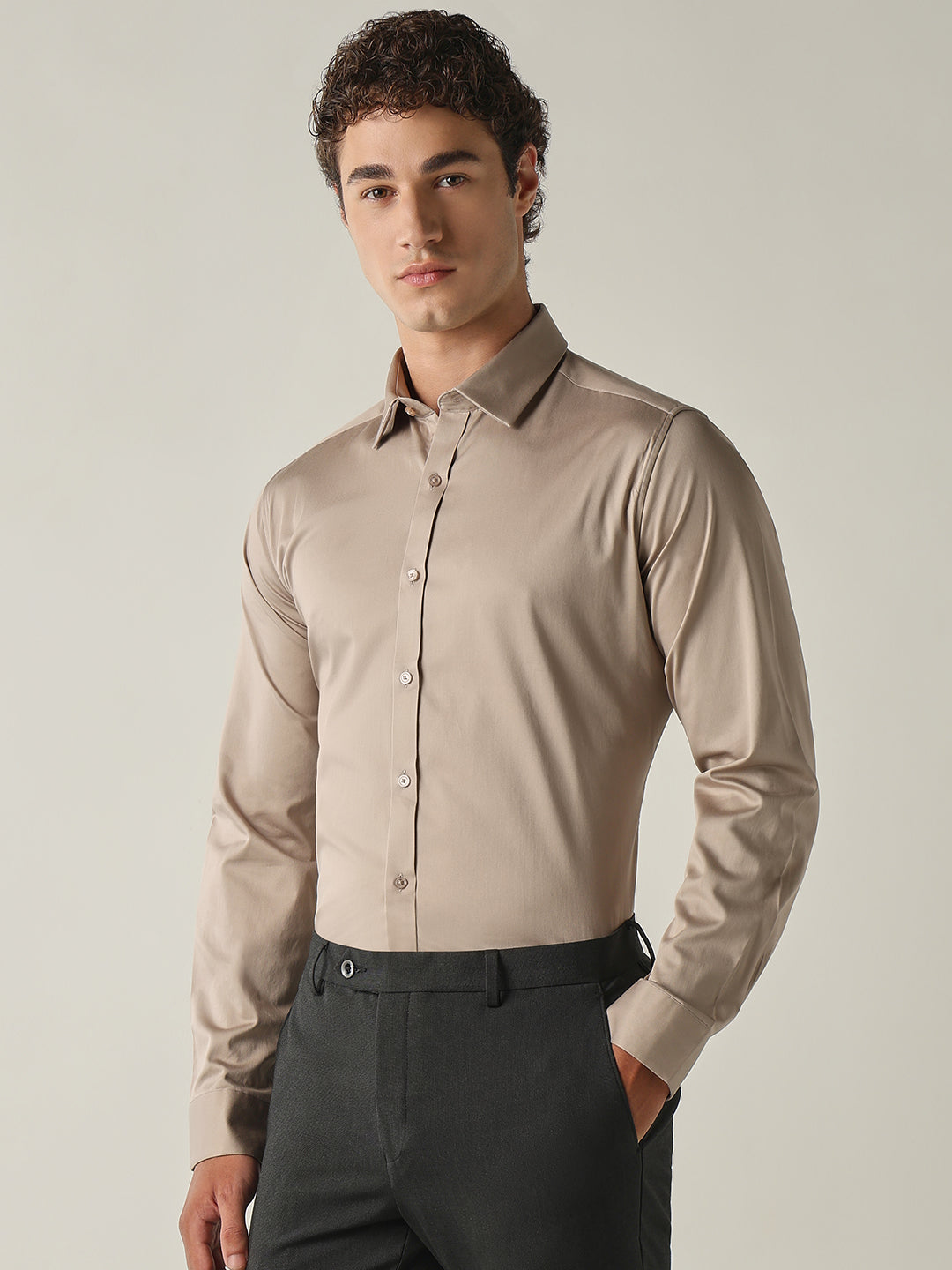 Men's Cotton Stretch Solid Slim Fit Full Sleeve Casual Shirt - Beige